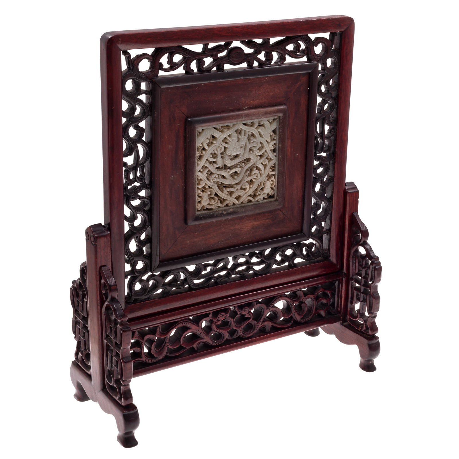 A Chinese Hardwood Table Screen with Reticulated Jade Dragon Plaque Insert (1 of 5)