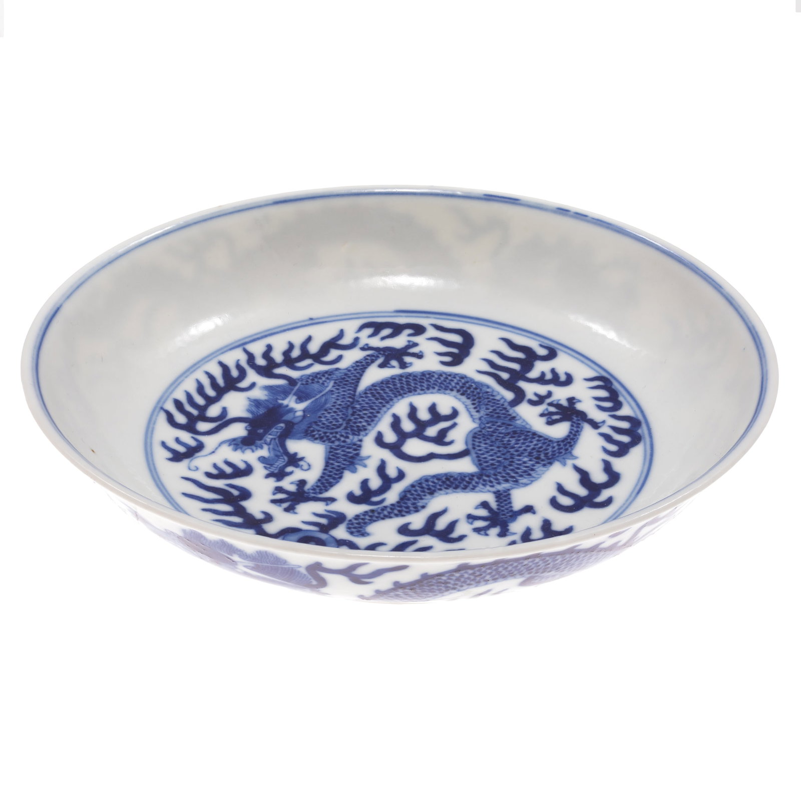 Chinese Blue and White Porcelain Dragon Dish: Chinese Blue and White Porcelain Dragon Dish Late Qing Dynasty, Probably Xuanton Period (1909 -1911) The rounded body rising to a gently everted rim, the interior painted with a five -clawed dragon wr