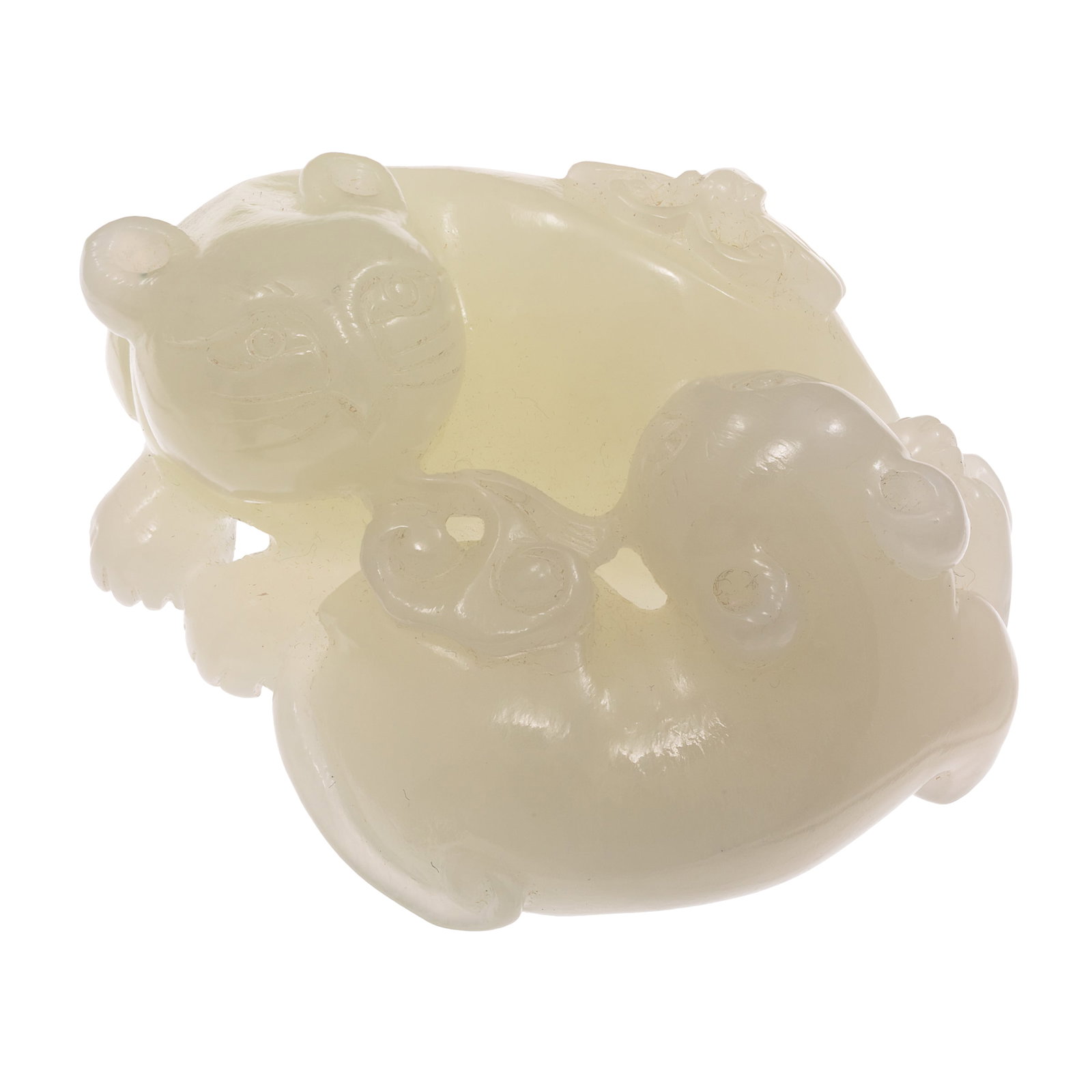 Chinese Pale Celadon White Jade Badger, Butterfly and Lingzhi Toggle: Chinese Pale Celadon White Jade Badger, Butterfly and Lingzhi Toggle A Chinese pale celadon jade toggle carved as a pair of intertwined badgers, one decorated with a butterfly on its haunch and the ot