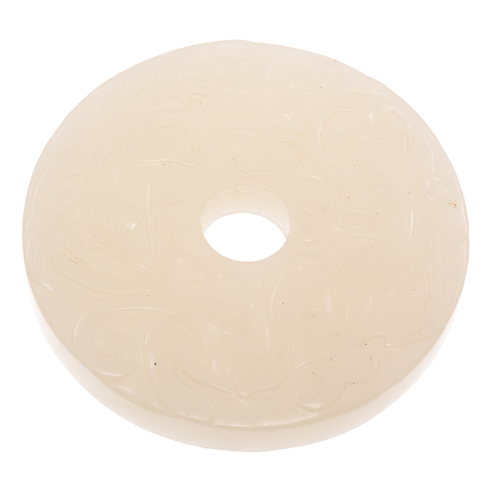 Chinese Pale Celadon Jade Bi Disc Pendant with Chimera and Lingzhi: Chinese Pale Celadon Jade Bi Disc Pendant with Chimera and Lingzhi A Chinese Pale celadon jade bi disc pendant. one side carved in low relief with a badger or chimera amid lingzhi fungus and scrolling