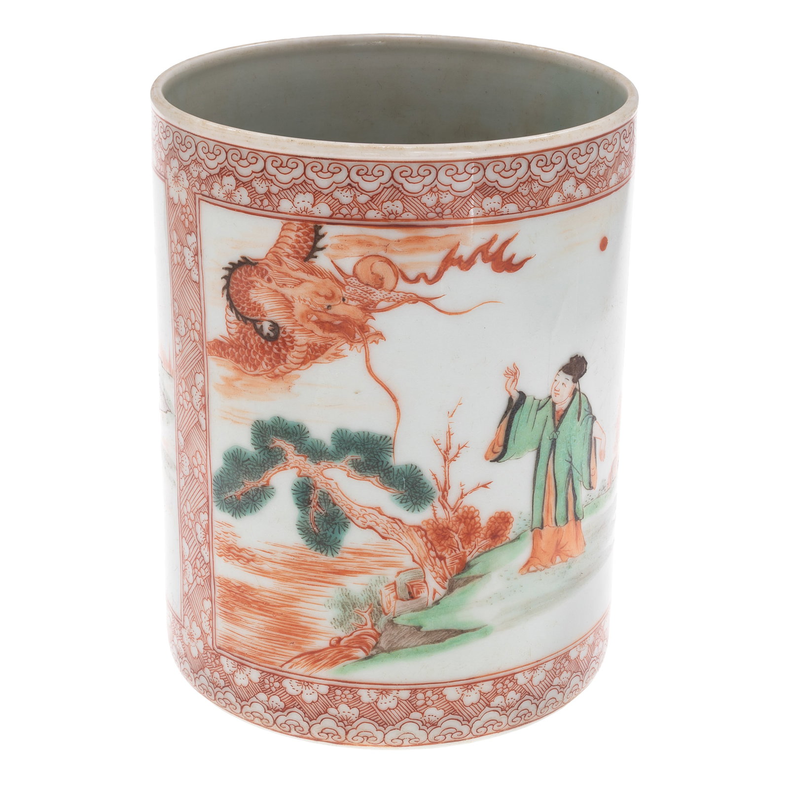 Chinese Iron-Red and Famille Verte Porcelain Brush Pot: Chinese Iron-Red and Famille Verte Porcelain Brush Pot Late Qing Dynasty to Early 20th Century The cylindrical form porcelain brush pot decorated in iron-red and famille Verte enamels with a scholars 