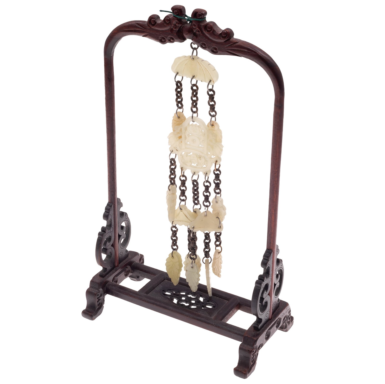 Chinese Carved White Jade Pendant: Chinese Carved White Jade Pendant Comprising multiple carved pale celadon and cream colored jade plaques, including pierced flower basket , lotus leafs and foliated motifs, suspended from metal chains