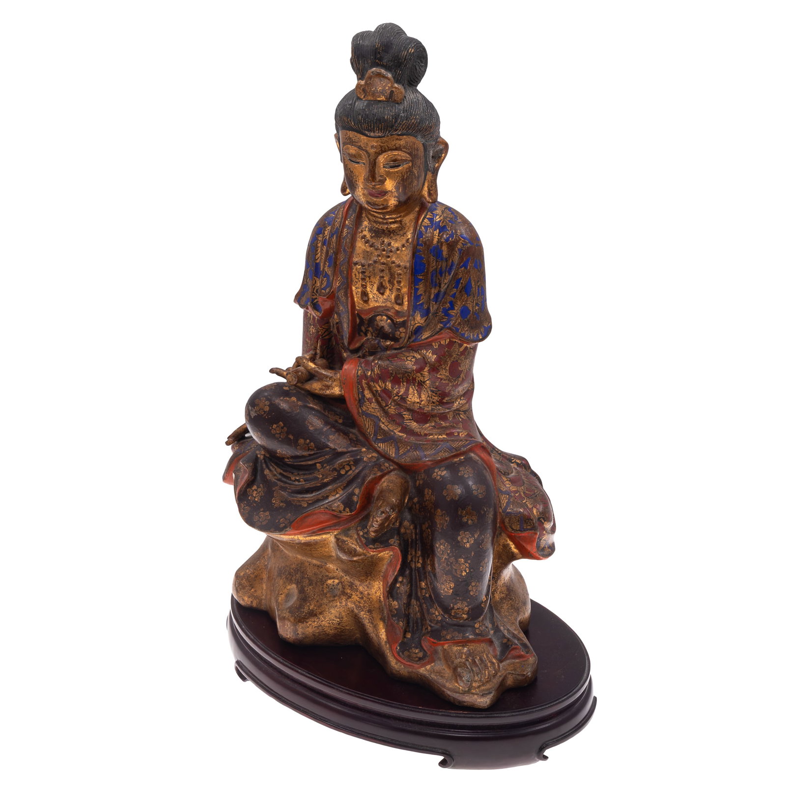 Chinese Polychrome Painted Bronze Seated Guanyin, Statue, Mid 20th Century: Chinese Polychrome Painted Bronze Seated Guanyin, Statue Mid 20th Century A Chinese painted bronze figure of Guangyin, seated in royal ease patio a naturalist rock work base, depicted wearing layered 