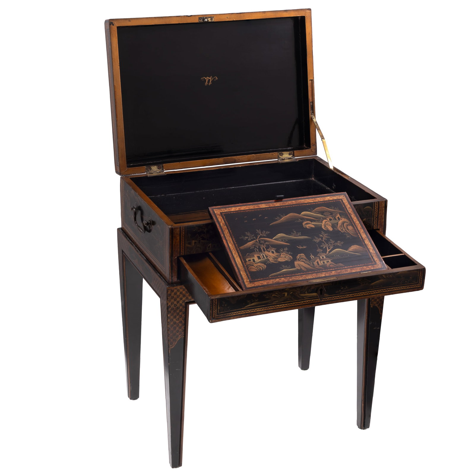 Chinese Export Writing Box: Chinese Export Writing Box Overall chinoiserie decorated with figures in lake side pavilions opening to a hinged writing surface and pen wells raised on an integrated stand. 18in (46cm) h. 15in (38cm)