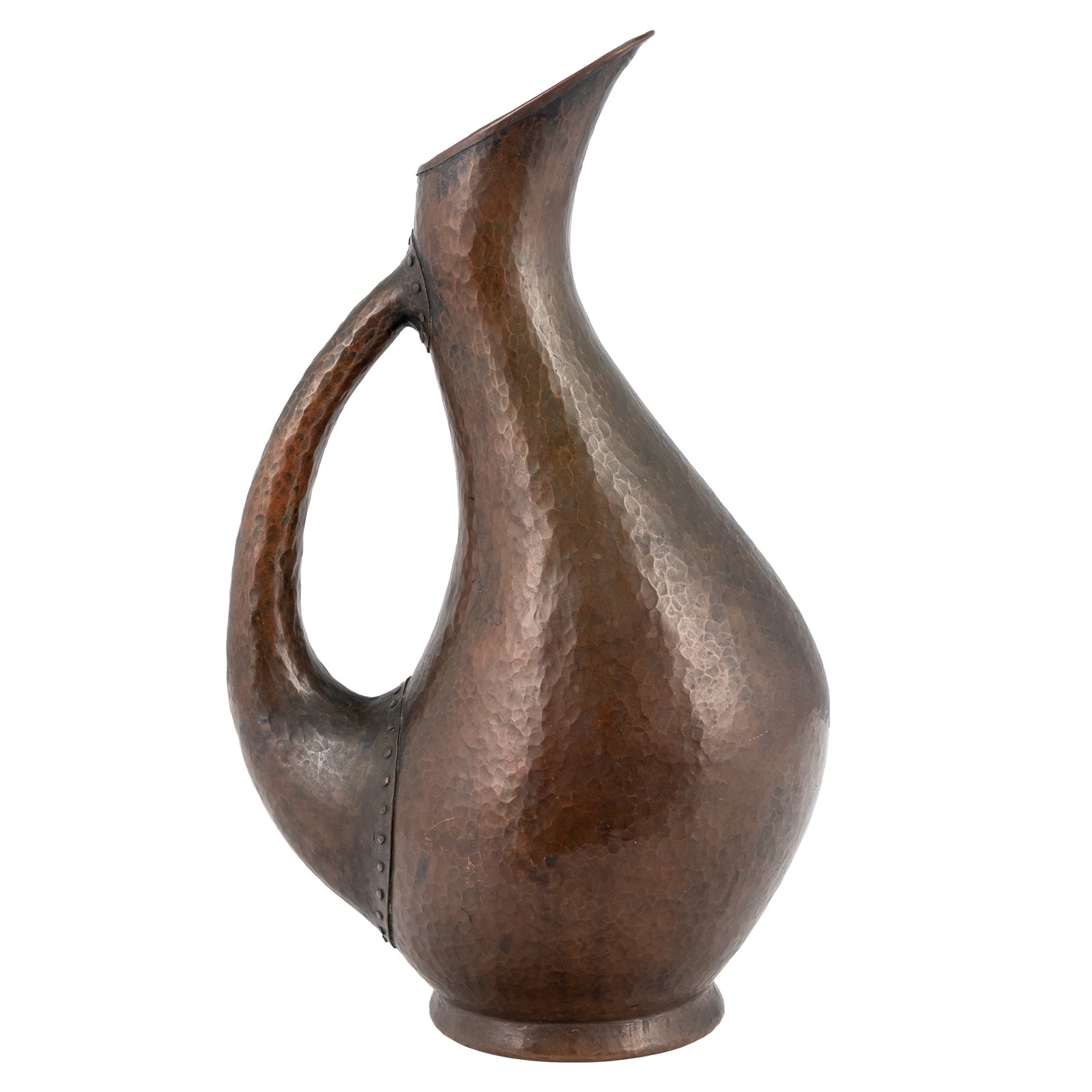 Arts & Crafts Hammered Copper Pitcher: Arts & Crafts Hammered Copper Pitcher Arts & Crafts era hammered copper pitcher with riveted handle construction. Unmarked. 12 1/4in. x 4 1/4in x 7in (31cm. x 11cm x 18cm) Condition: Several minor