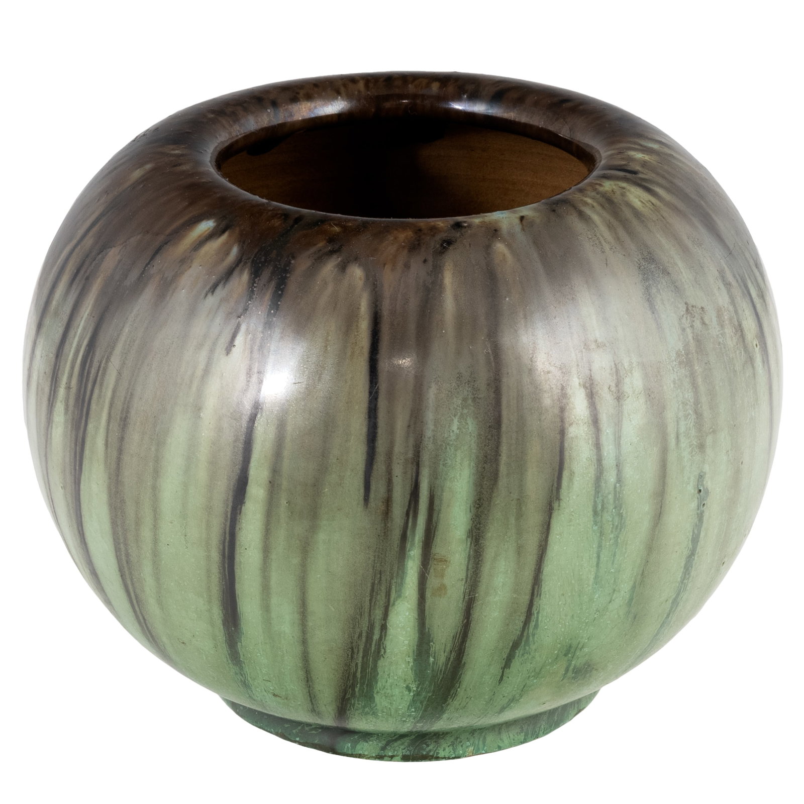 Fulper Pottery Green and Black Flambe Vase: Fulper Pottery Green and Black Flambe Vase Fulper Pottery green and black spherical flambe vase. Marked with FULPER stamp on base. 5 1/2in. x 7in dia. (14cm. x 18cm.) Condition: Overall good