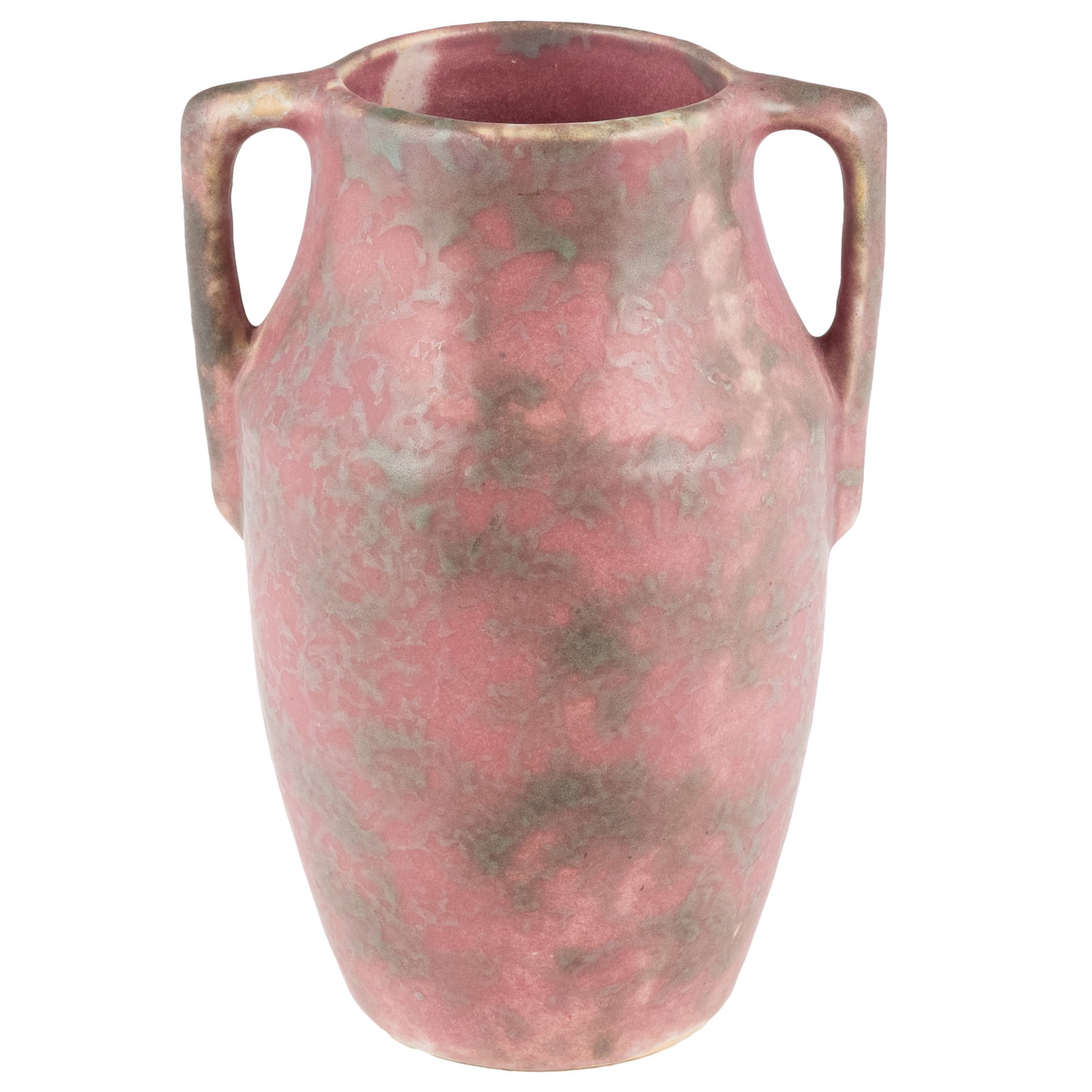 Roseville Carnelian II Vase: Roseville Carnelian II Vase Roseville Carnelian II vase, executed in a double handled form with rose matte and mottled gray glaze. Impressed mark to underside '59'. 7 3/4in. x 5 1/2in x 4 3/4in