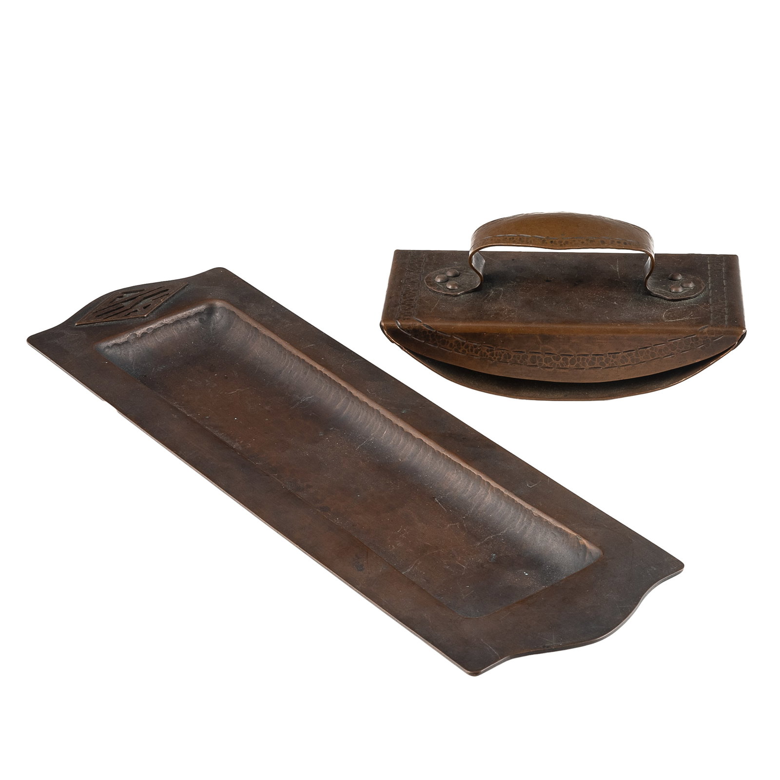 Dirk Van Erp Hammered Copper Desk Items: Dirk Van Erp Hammered Copper Desk Items Dirk Van Erp hammered copper pen tray and ink blotter. Pen tray with applied monogram 'JSA', impressed with open-box windmill mark to underside 'San Francisco
