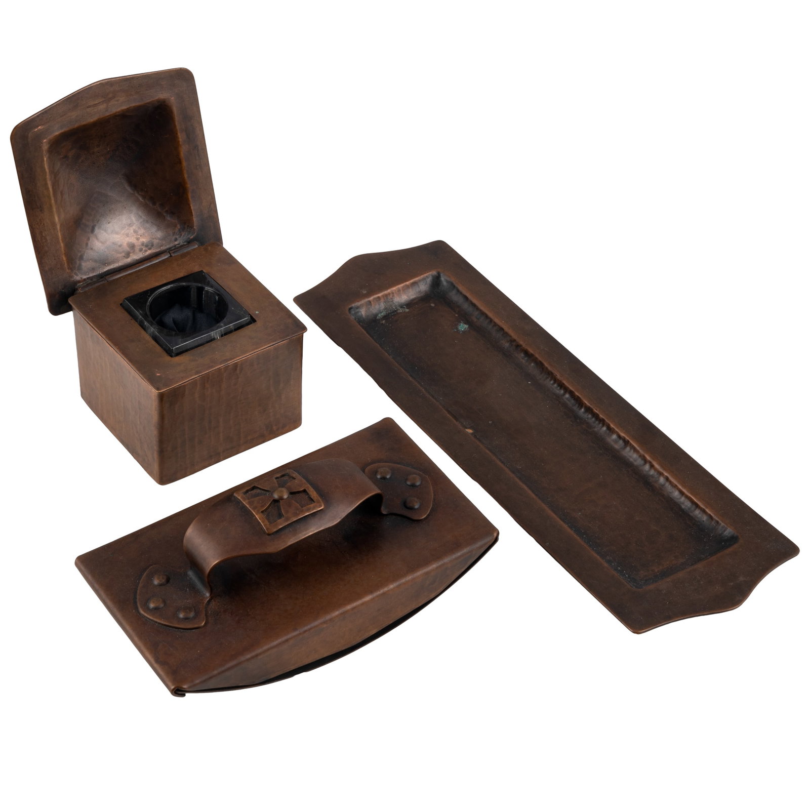 Arts & Crafts Hammered Copper Desk Set: Arts & Crafts Hammered Copper Desk Set Arts & Crafts hammered copper desk set, comprising a Dirk van Erp inkwell, a pen tray and a blotter. Inkwell impressed with open-box windmill mark 'Dirk Van