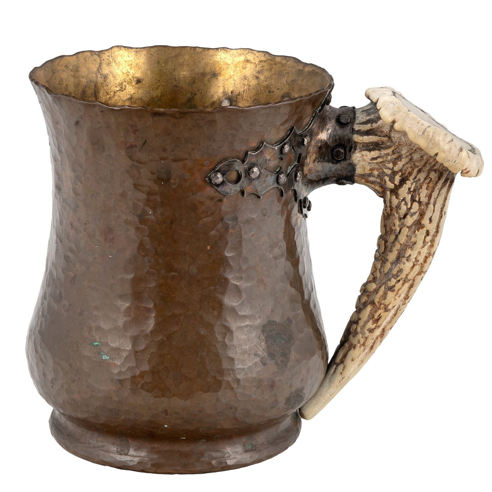 Joseph Heinrichs Hammered Copper Cup with Antler Handle: Joseph Heinrichs Hammered Copper Cup with Antler Handle Joseph Heinrichs hammered copper and sterling silver mug with antler handle. Underside of base with impressed mark 'COPPER AND SILVER', and the