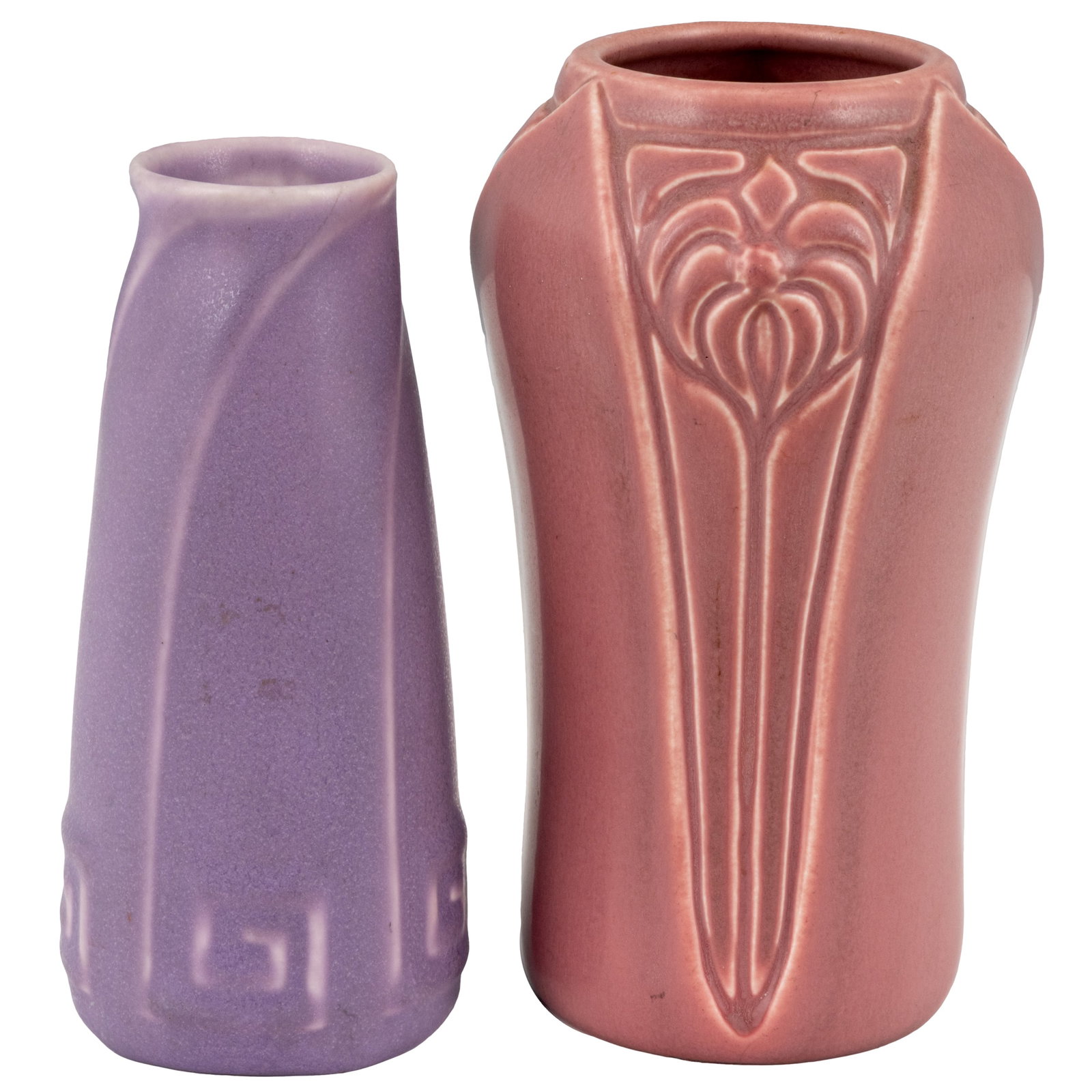 Rookwood Pottery Vases, 1930's: Rookwood Pottery Vases, 1930's Two Rookwood Pottery vases, the first in pink mat glaze with relief decoration of stylized flowers and petals, impressed factory mark, date mark XXXI (1931), and style