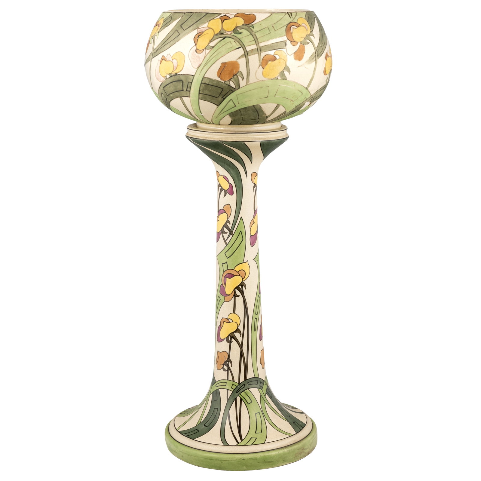 Roseville 'Persian' Jardiniere with Pedestal: Roseville 'Persian' Jardiniere with Pedestal Roseville Pottery 'Persian' jardiniere with pedestal base, having a hand painted overglaze flora and fauna design, circa 1915. Jardiniere: 10 1/2in. x