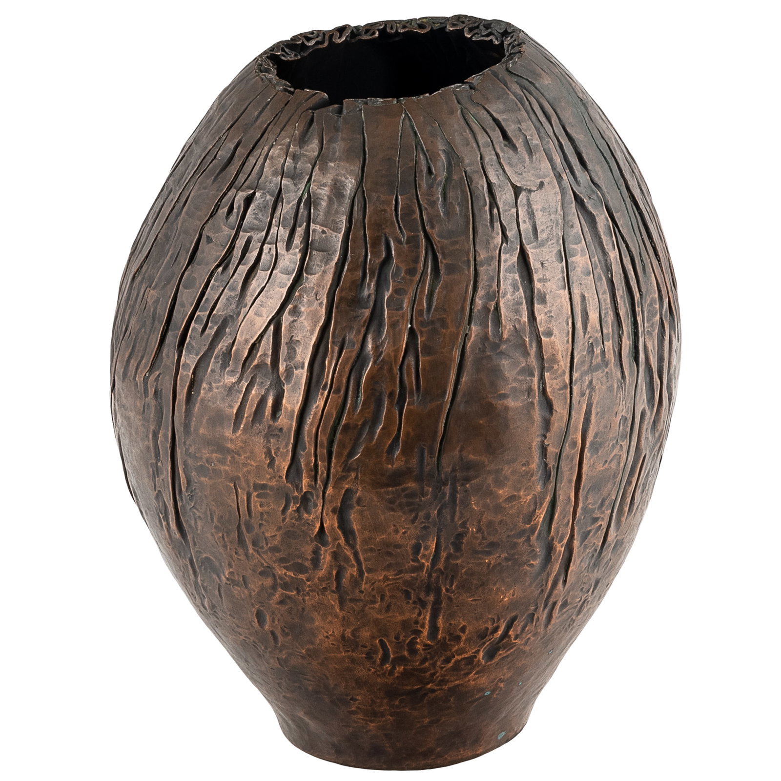 Hammered Copper Pleated Vase: Hammered Copper Pleated Vase Hammered copper pleated design vase. Impressed mark 'Small' to underside. 8 1/4in x 6 1/2in (21 1/2cm. x 16 1/2cm)