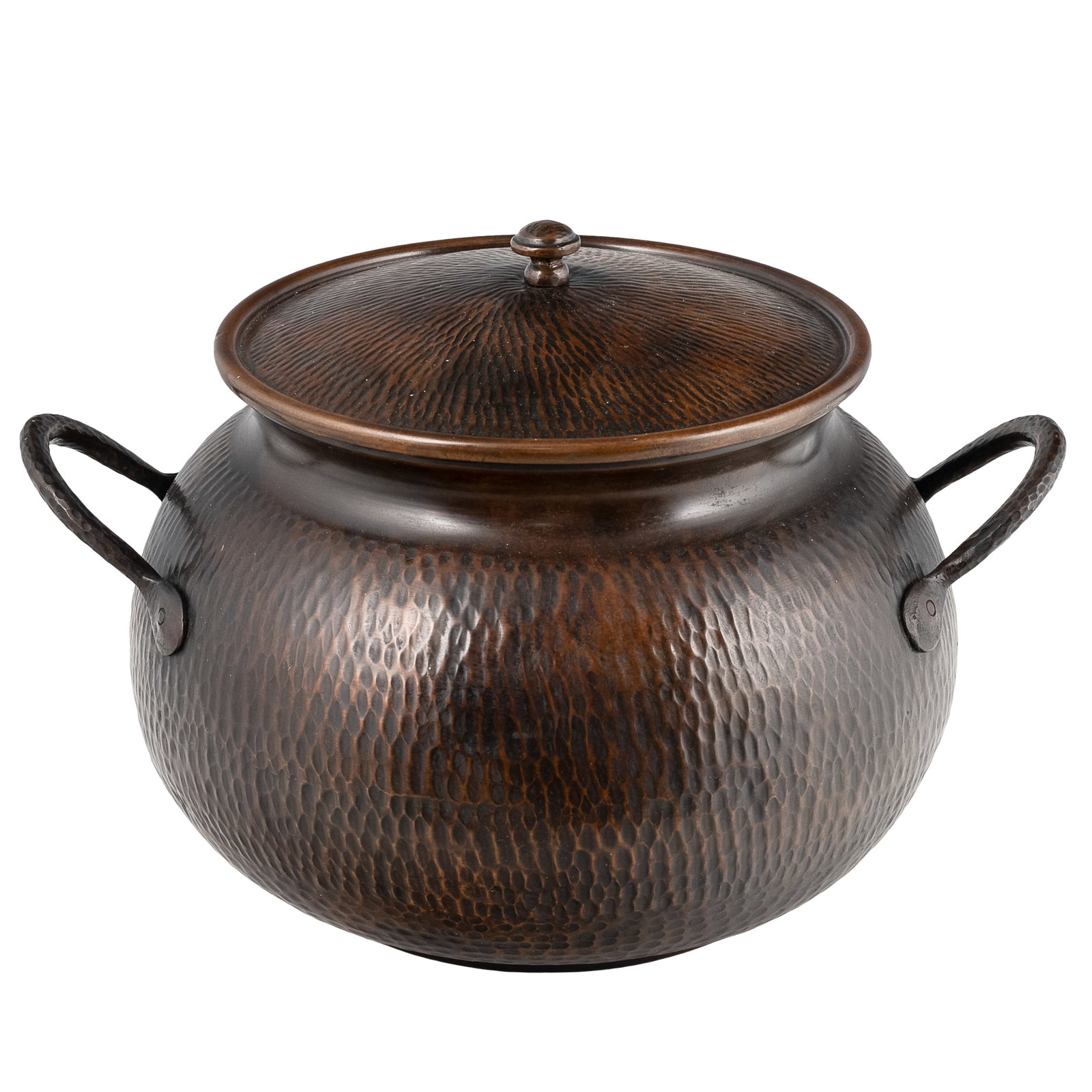 Russian Arts & Crafts Hammered Copper Bean Pot: Russian Arts & Crafts Hammered Copper Bean Pot Russian Arts & Crafts hammered copper, tin-lined, covered bean pot. Base impressed with the number '237'. 10in. x 12in. (without handles) (25 1/2cm. x