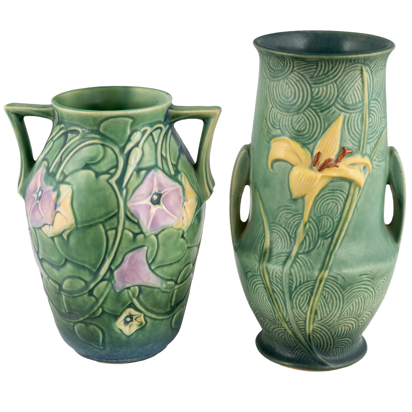 Roseville Pottery Vases: Roseville Pottery Vases Roseville Morning Glory vase, executed in a double handled design with morning glories on a green ground. Underside marked with underglaze 'D' and '6'. Together with a Rosevill