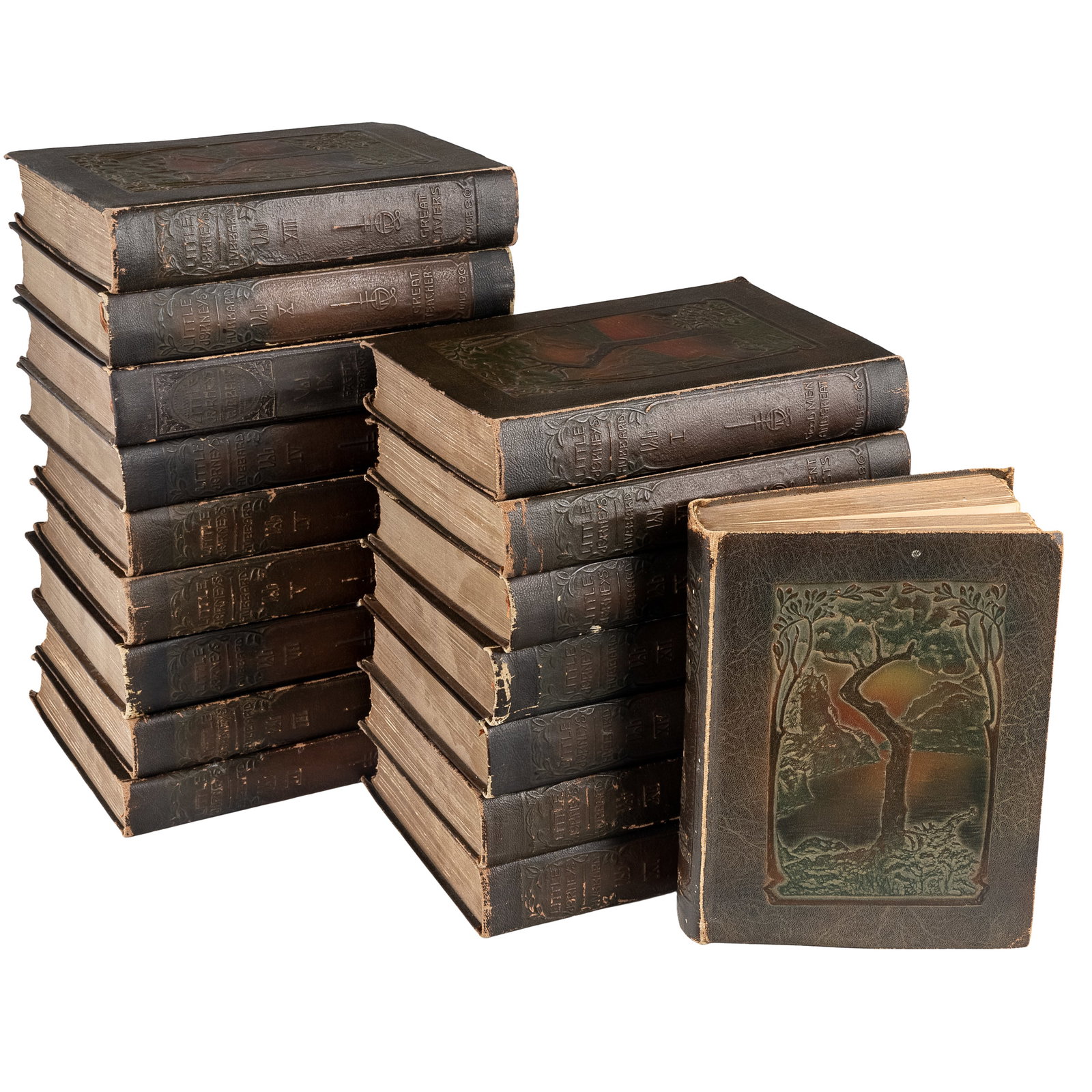 Books, 'Little Journeys', by Elbert Hubbard, Roycrofters: Books, 'Little Journeys', by Elbert Hubbard, Roycrofters 17 embossed leather books, 'Little Journeys', by Elbert Hubbard (founder of the Roycroft community). Memorial edition, each published in 1916