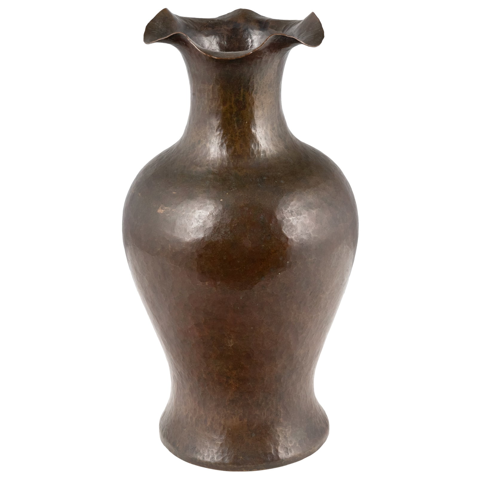 Arts & Crafts Hammered Copper Vase: Arts & Crafts Hammered Copper Vase Arts & Crafts hammered copper baluster form vase having a flared, ruffled rim. Unmarked. 15in. x 8in (38cm. x 20 1/4cm) Condition: A couple areas of surface rubbing 