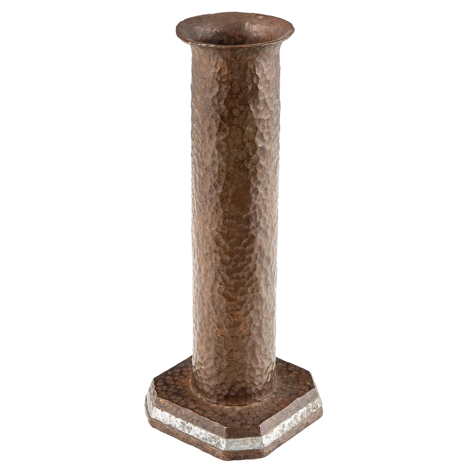 Hammered Copper Artillery Shell Trench Art: Hammered Copper Artillery Shell Trench Art Arts & Crafts hammered copper artillery shell on weighted base, with central white metal band. Unmarked. 10 1/4in. x 4in square (26cm. x 10cm)