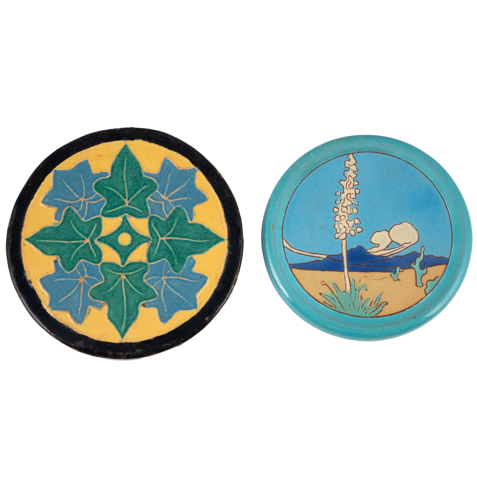 Arts & Crafts Pottery Tiles, California Faience: Arts & Crafts Pottery Tiles, California Faience Two Arts & Crafts pottery tea tiles, including: California Faience (Berkeley, CA) tile depicting a desert scene with yucca and cactus. Incised mark to