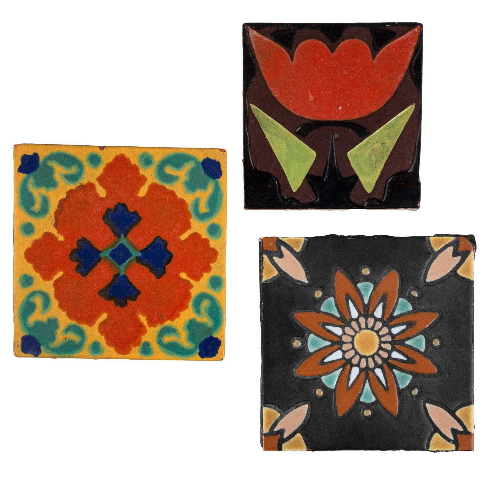 Three California Ceramic Tiles: Three California Ceramic Tiles Three California ceramic tiles, including a Santa Monica Brick Co. Arts & Crafts tile depicting a stylized tulip; a Taylor Tile Arts & Crafts tile in the Moorish taste, 