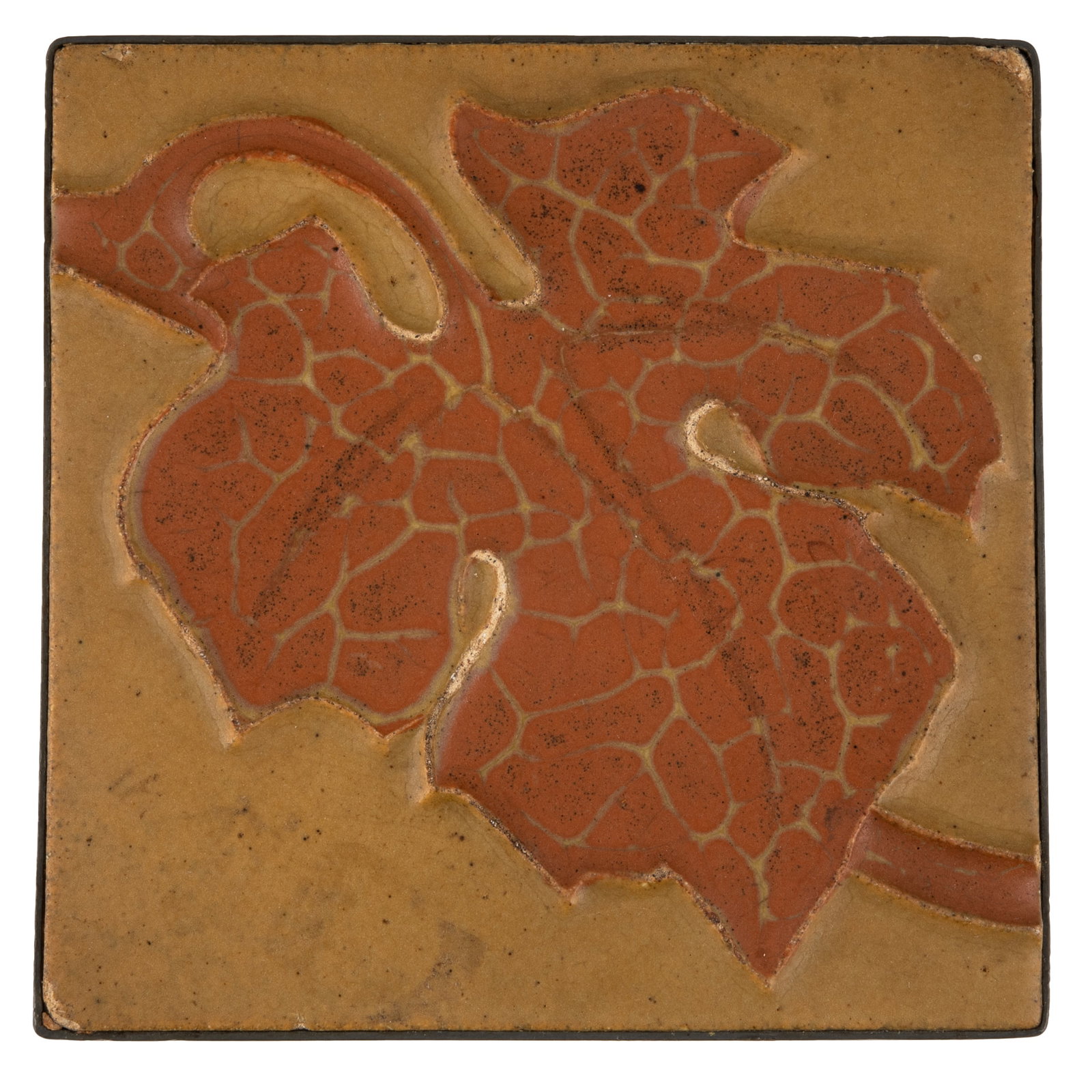 Rookwood Faience Maple Leaf Tile: Rookwood Faience Maple Leaf Tile Rookwood Faience maple leaf tile mounted as a trivet. Tile with impressed mark to underside 'Rookwood . 1181Y . Faience' and the number '1'. Metal trivet frame marked 