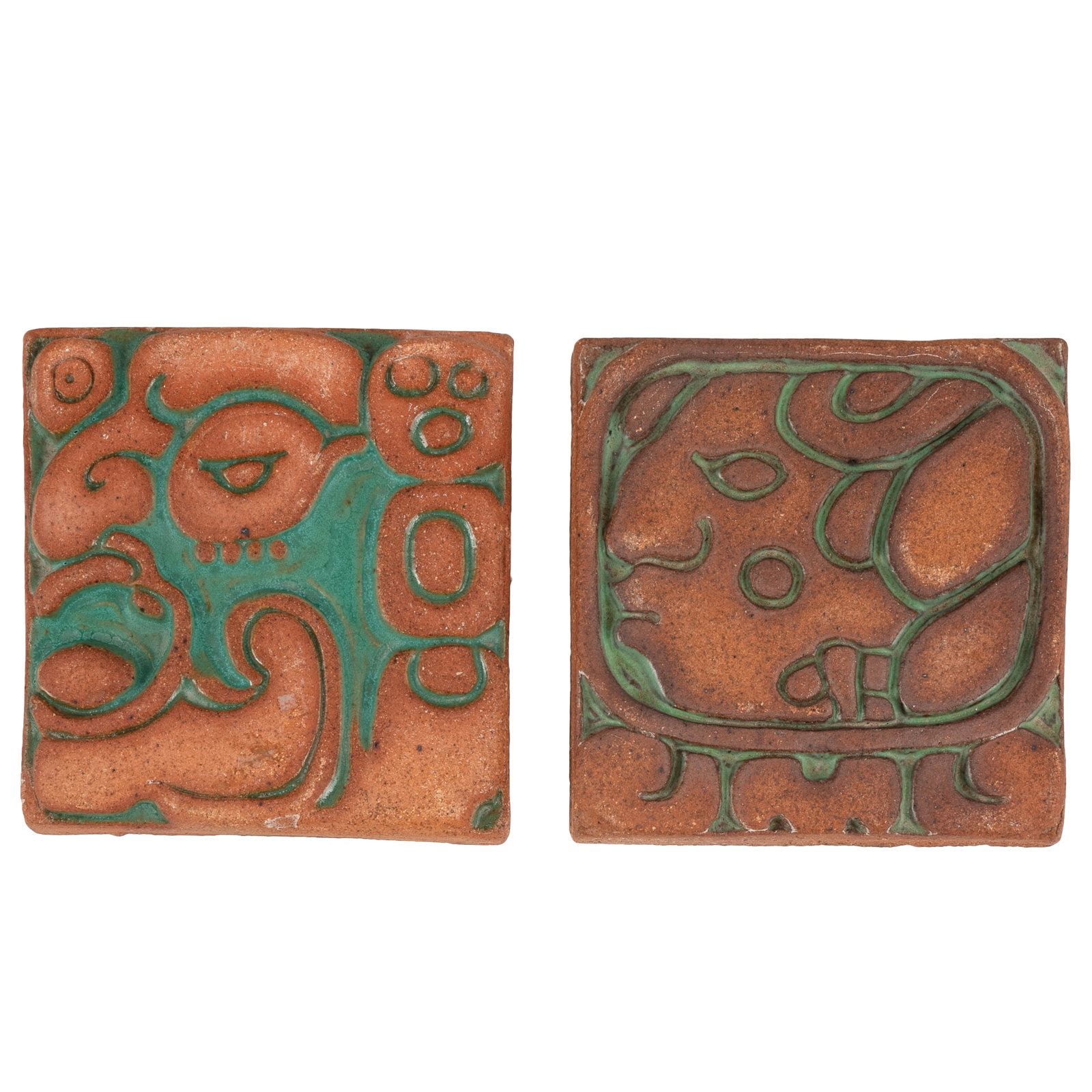 Batchelder Mayan Tiles: Batchelder Mayan Tiles Two Batchelder (Pasadena, CA) 'Mayan' tiles. Each impressed verso 'Batchelder Los Angeles' (mark to one tile truncated). Each: 3 3/4in. square (9 1/2cm.)