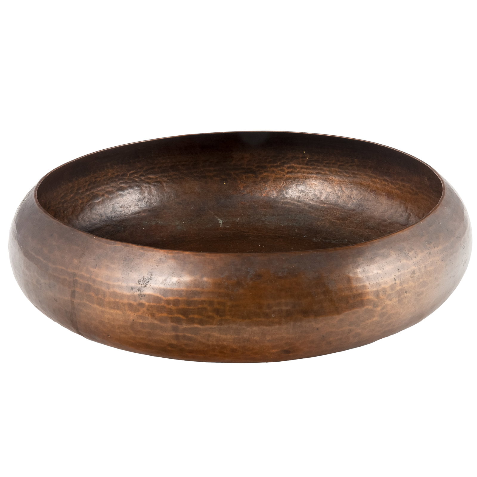 Dirk Van Erp Hammered Copper Low Bowl: Dirk Van Erp Hammered Copper Low Bowl Dirk Van Erp (1860 - 1933) hammered copper low bowl. Impressed closed-box windmill mark to underside, 'Dirk Van Erp', with ghost of D'Arcy Gaw. USA c. 1911 -