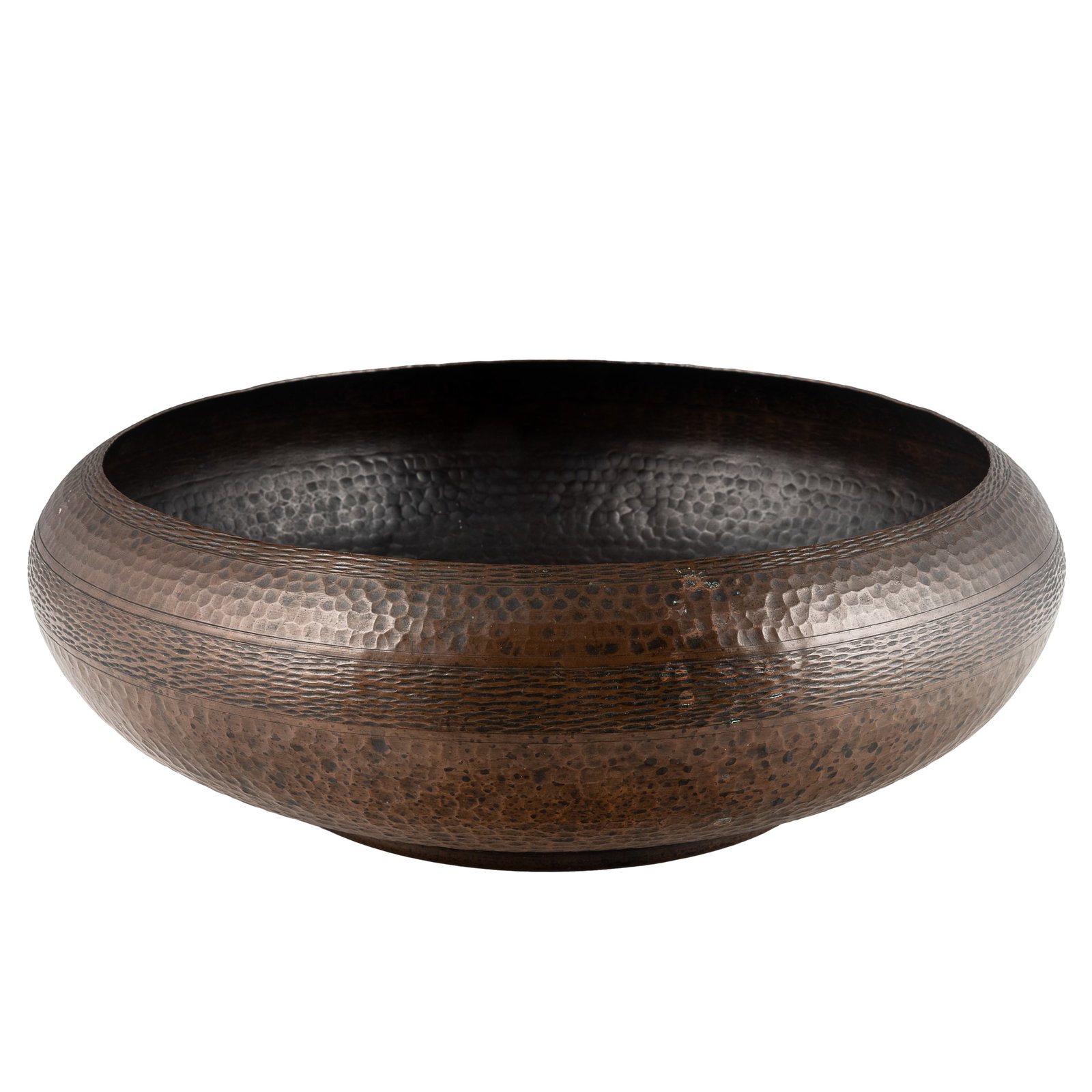 Old Mission Kopper Kraft Hammered Copper Bowl: Old Mission Kopper Kraft Hammered Copper Bowl Old Mission Kopper Kraft hammered copper low bowl with rim and side banded decoration. Impressed Mission mark 'Old Mission Kopperkraft / San Francisco'