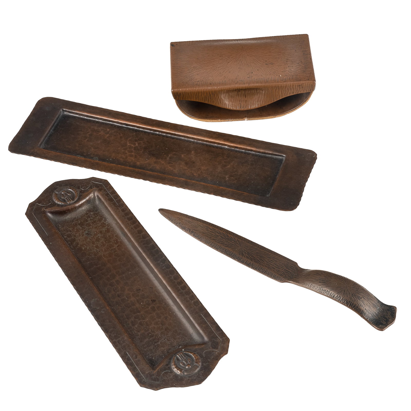 Old Mission Kopper Kraft & Olde Copper Shop Desk Items: Old Mission Kopper Kraft & Olde Copper Shop Desk Items Group of four desk accessories, including Fred Brosi for Ye Olde Copper Shoppe radial hammered ink blotter and letter opener, each impressed with