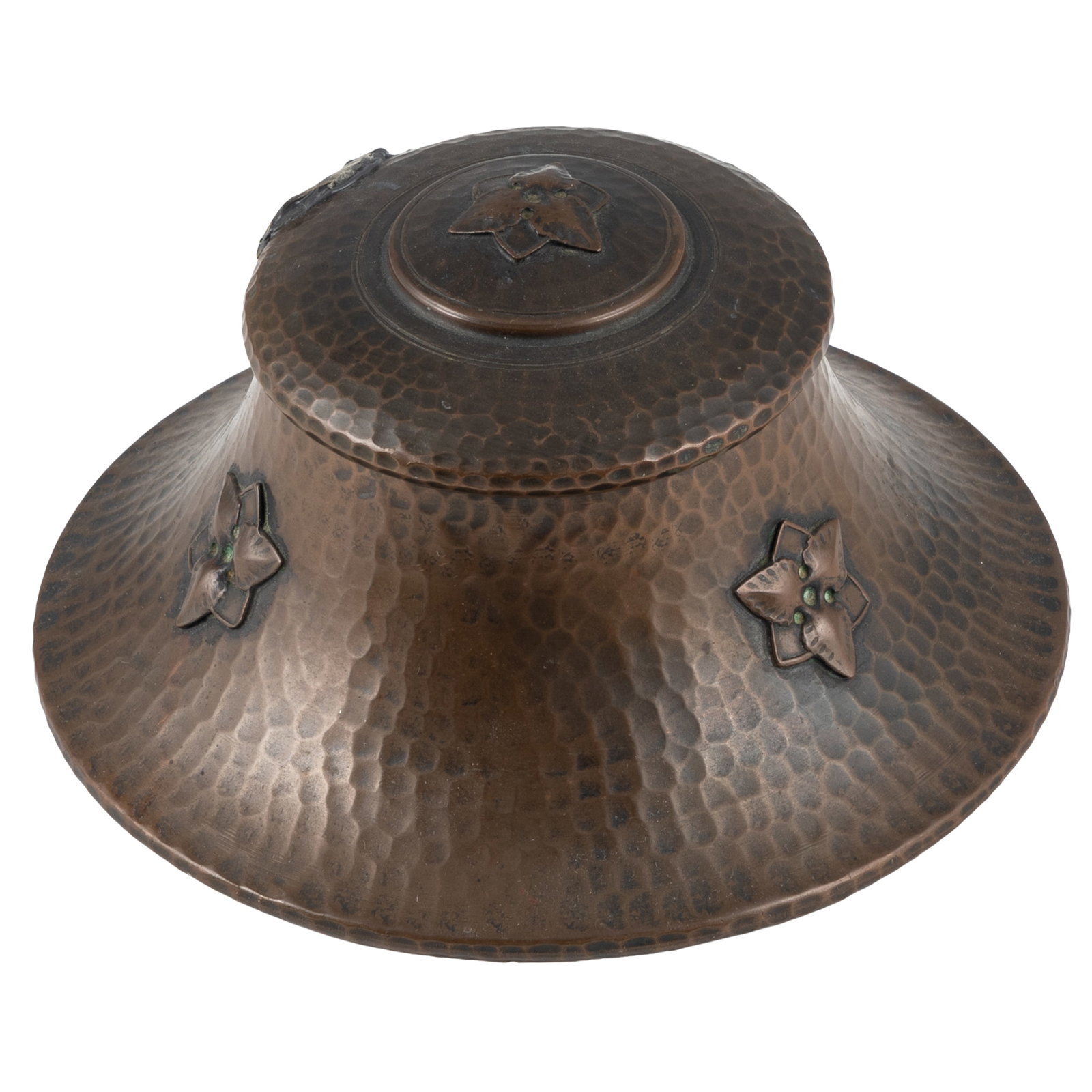 Old Mission Kopper Kraft Inkwell: Old Mission Kopper Kraft Inkwell Old Mission Kopper Kraft Inkwell with applied copper leaf decoration. Impressed Mission Dolores studio mark to underside 'Old Mission Kopperkraft / San Francisco.'