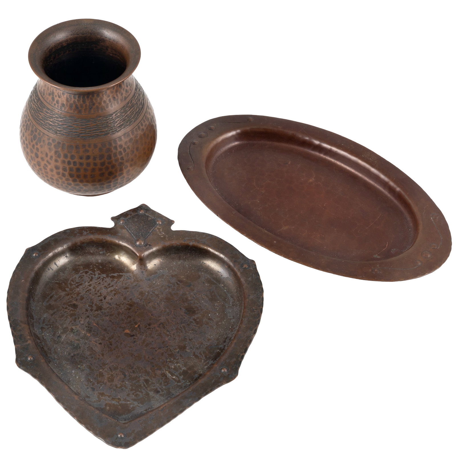 Old Mission Kopper Kraft Group: Old Mission Kopper Kraft Group Old Mission Kopper Kraft Arts & Crafts group, including: a small vase with banded decoration, a pin tray, and a heart shaped small tray. Each impressed with the Mission