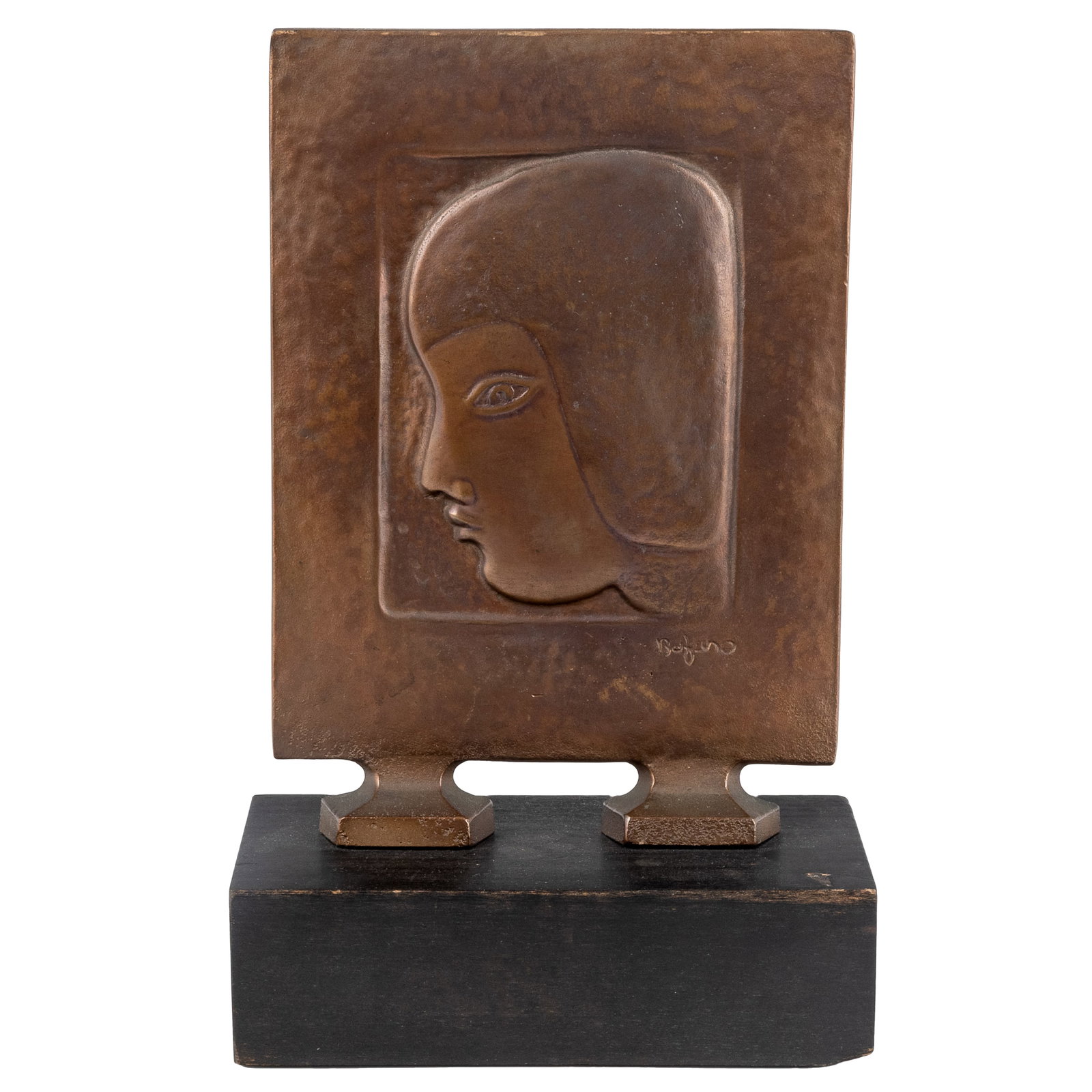 Beniamino Benvenuto Bufano (Italian/American, 1898-1970).: Beniamino Benvenuto Bufano (Italian/American, 1898-1970). Head of Laura. Bronze bas-relief on wood base, signed 'Bufano' (lower right) and stamped 'AP' (on the reverse and underside of the base). 10 1