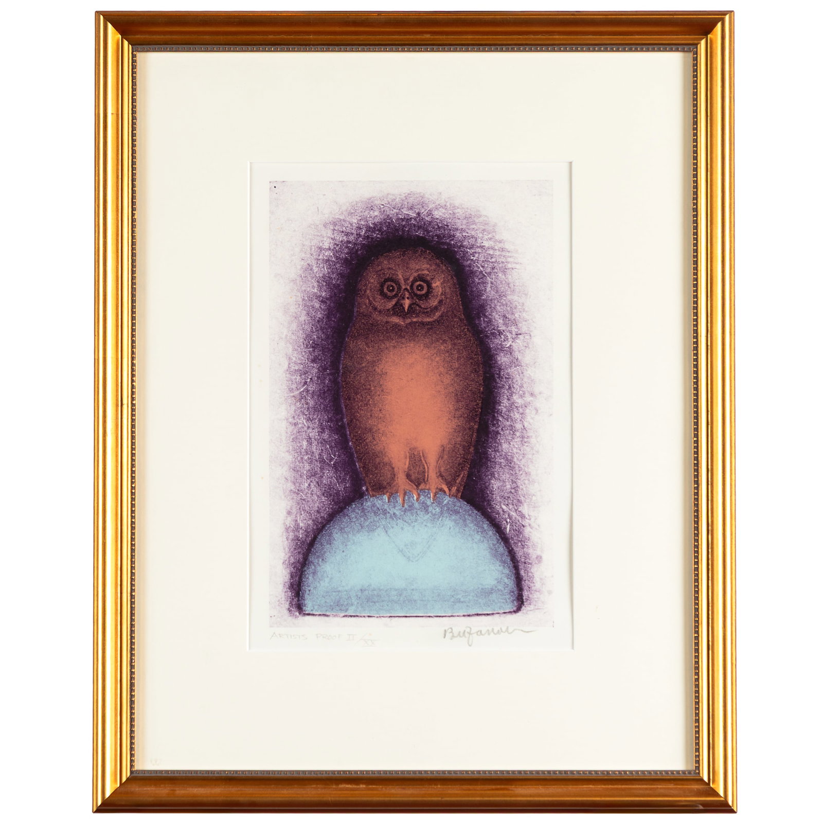 Beniamino Benvenuto Bufano (Italian/American, 1898-1970).: Beniamino Benvenuto Bufano (Italian/American, 1898-1970). The Silver Blue Owl, 1960s. Color lithograph on wove paper, signed in pencil, annotated 'Artist's Proof II/XX', with margins, framed. 12 x 8in