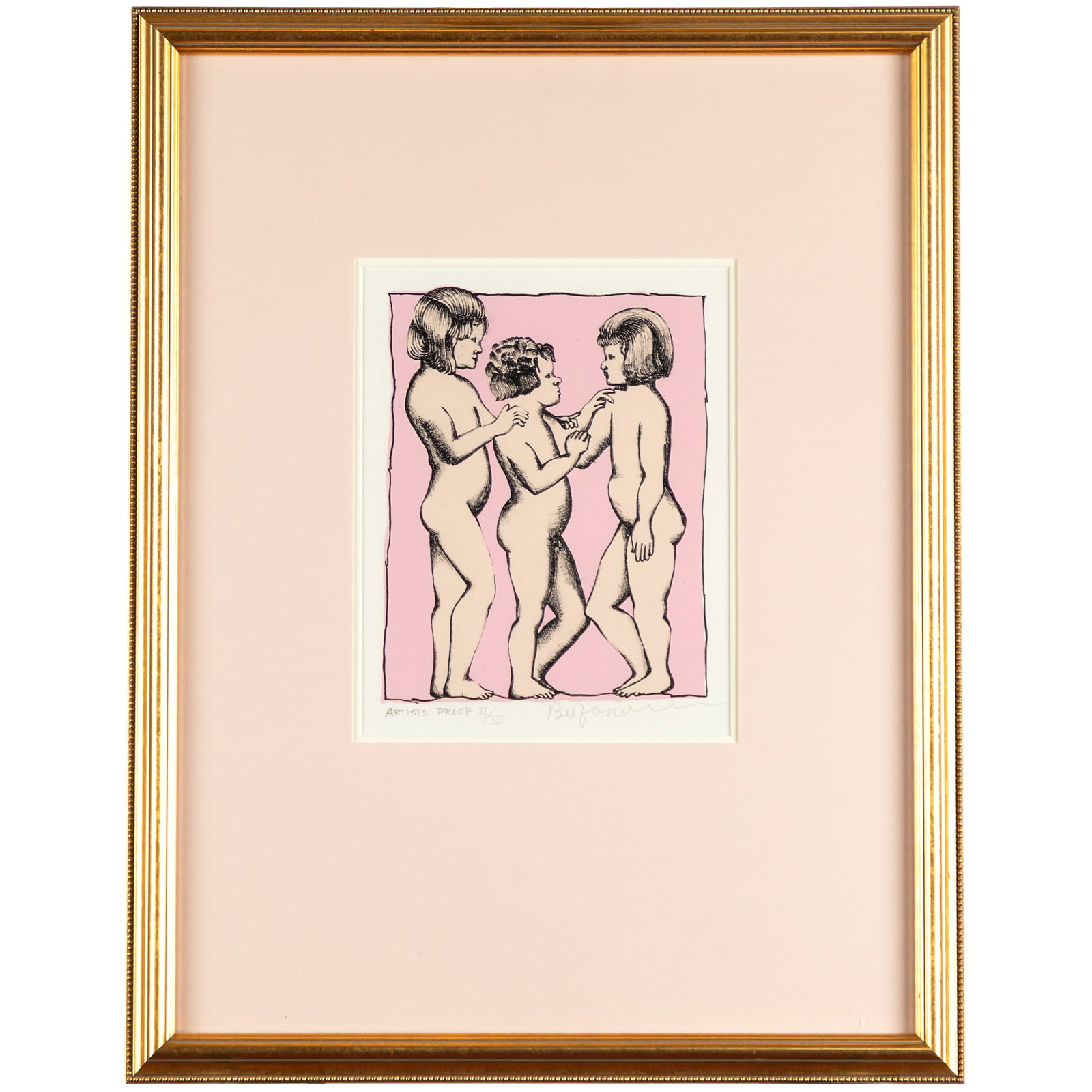 Beniamino Benvenuto Bufano (Italian/American, 1898-1970).: Beniamino Benvenuto Bufano (Italian/American, 1898-1970). Three Children, 1970. Color lithograph on wove paper, signed in pencil, annotated 'Artist's Proof II/V', with margins, framed. 9 1/2 x 7 1/2in