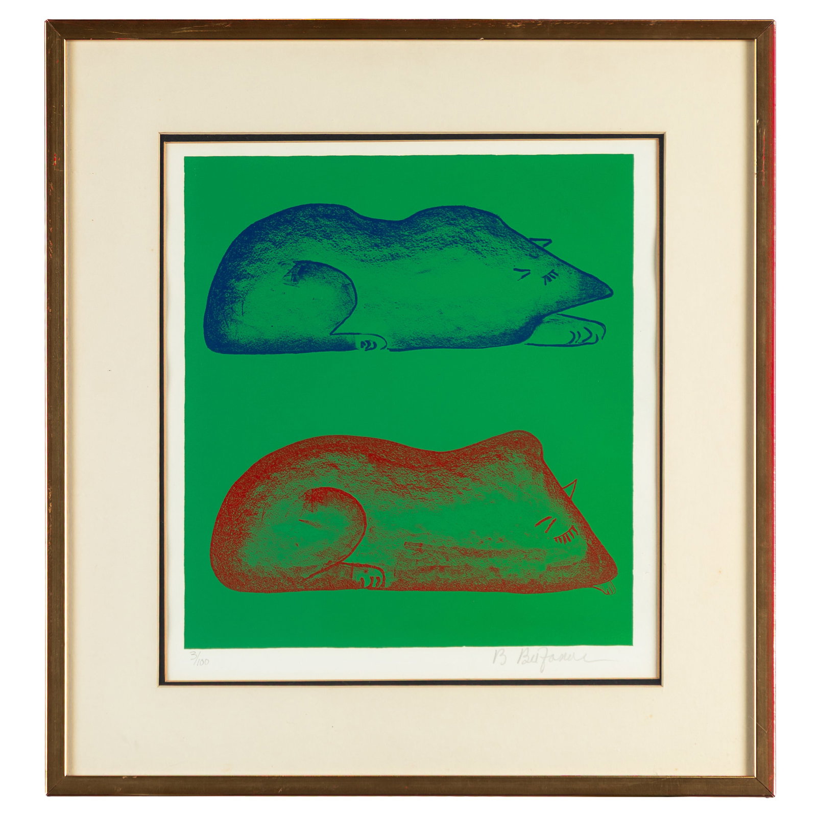 Beniamino Benvenuto Bufano (Italian/American, 1898-1970).: Beniamino Benvenuto Bufano (Italian/American, 1898-1970). Two Sleeping Moles, 1970. Color lithograph on wove paper, signed in pencil, numbered 3/100, with margins, framed. 13 3/4 x 12 1/2in. (35 x 31.