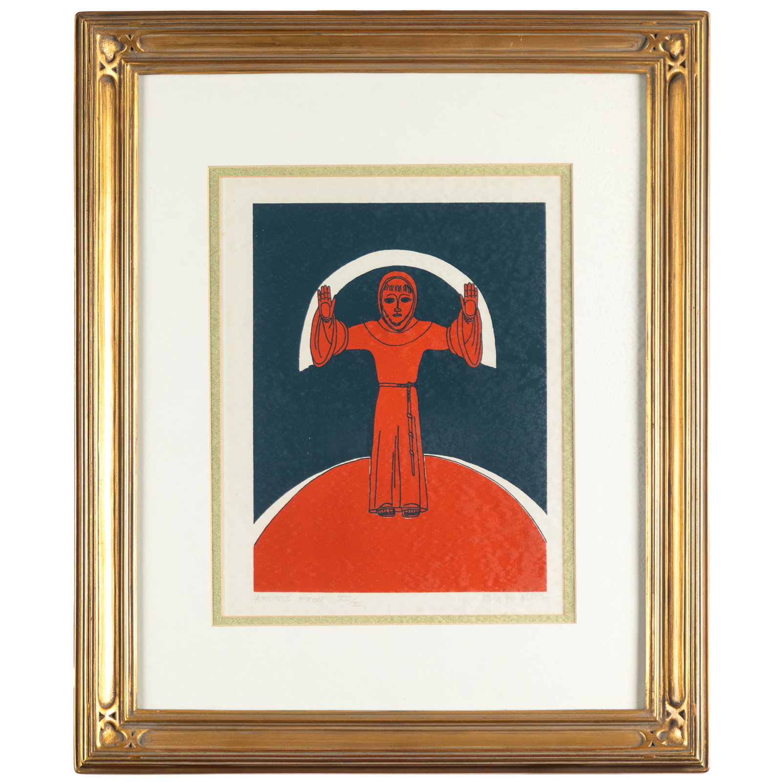 Beniamino Benvenuto Bufano (Italian/American, 1898-1970).: Beniamino Benvenuto Bufano (Italian/American, 1898-1970). St. Francis, 1960s. Color lithograph on wove paper, signed in pencil, annotated 'Artist's Proof XII/XI/X', with margins, framed. 13 1/2 x 10 1
