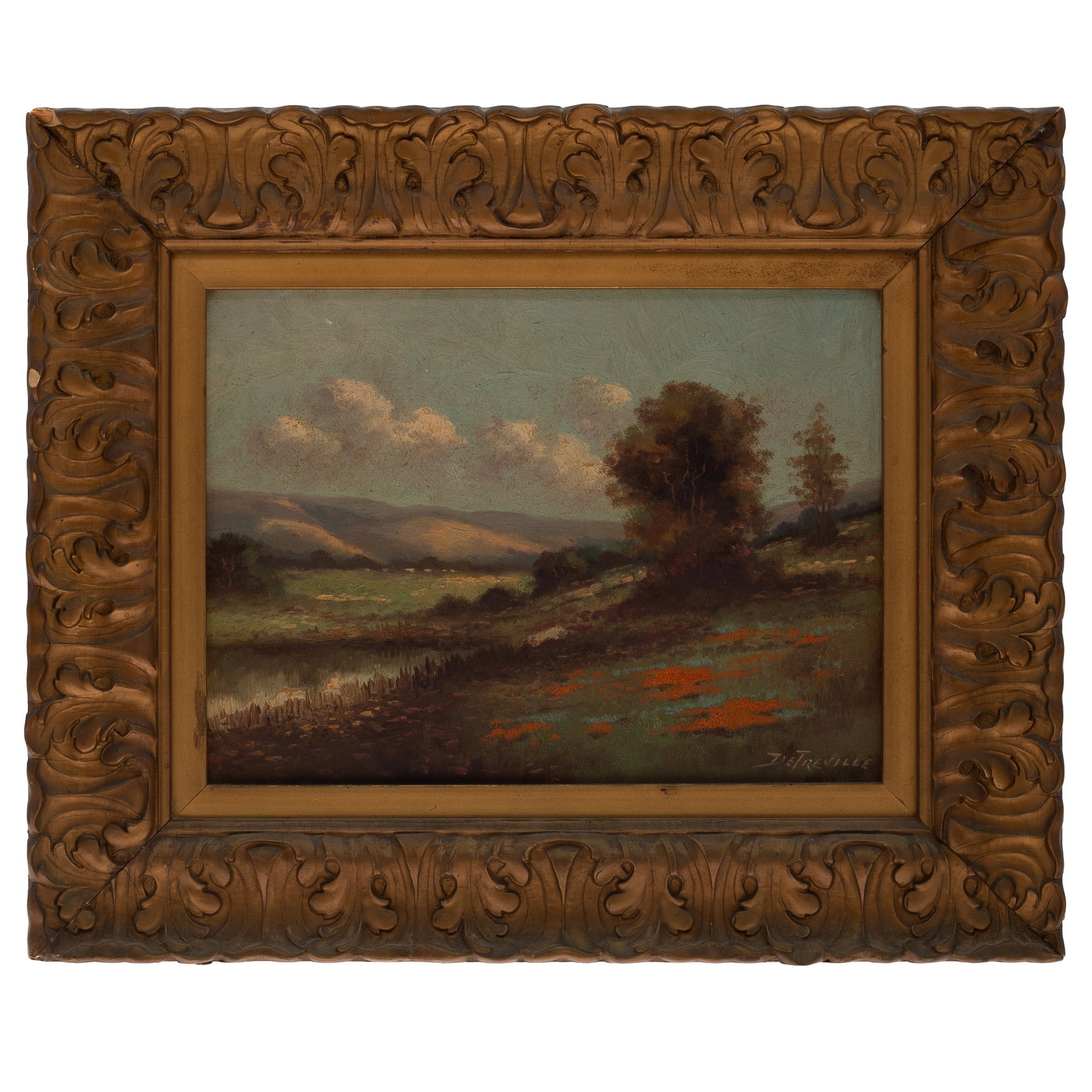 Richard DeTreville (American, 1864-1929): Richard DeTreville (American, 1864-1929) California foothills with poppies Oil on canvas, signed 'De Treville' lower right, framed. 8 1/2 x 11 1/2in. (22 x 29cm) Framed: 14 1/2 x 17 1/2in. (37 x 44cm)