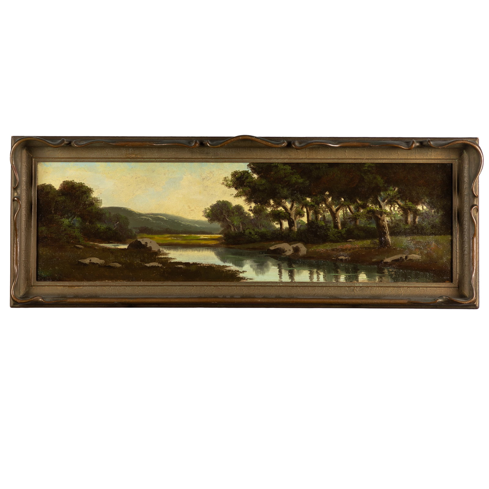 Ransome Gillet Holdridge (American, 1836-1899): Ransome Gillet Holdridge (American, 1836-1899) Lake at Twilight. Oil on canvas, signed lower right. 10 x 34in. (26 x 87cm). Framed 14 x 39in. (36 x 99cm).