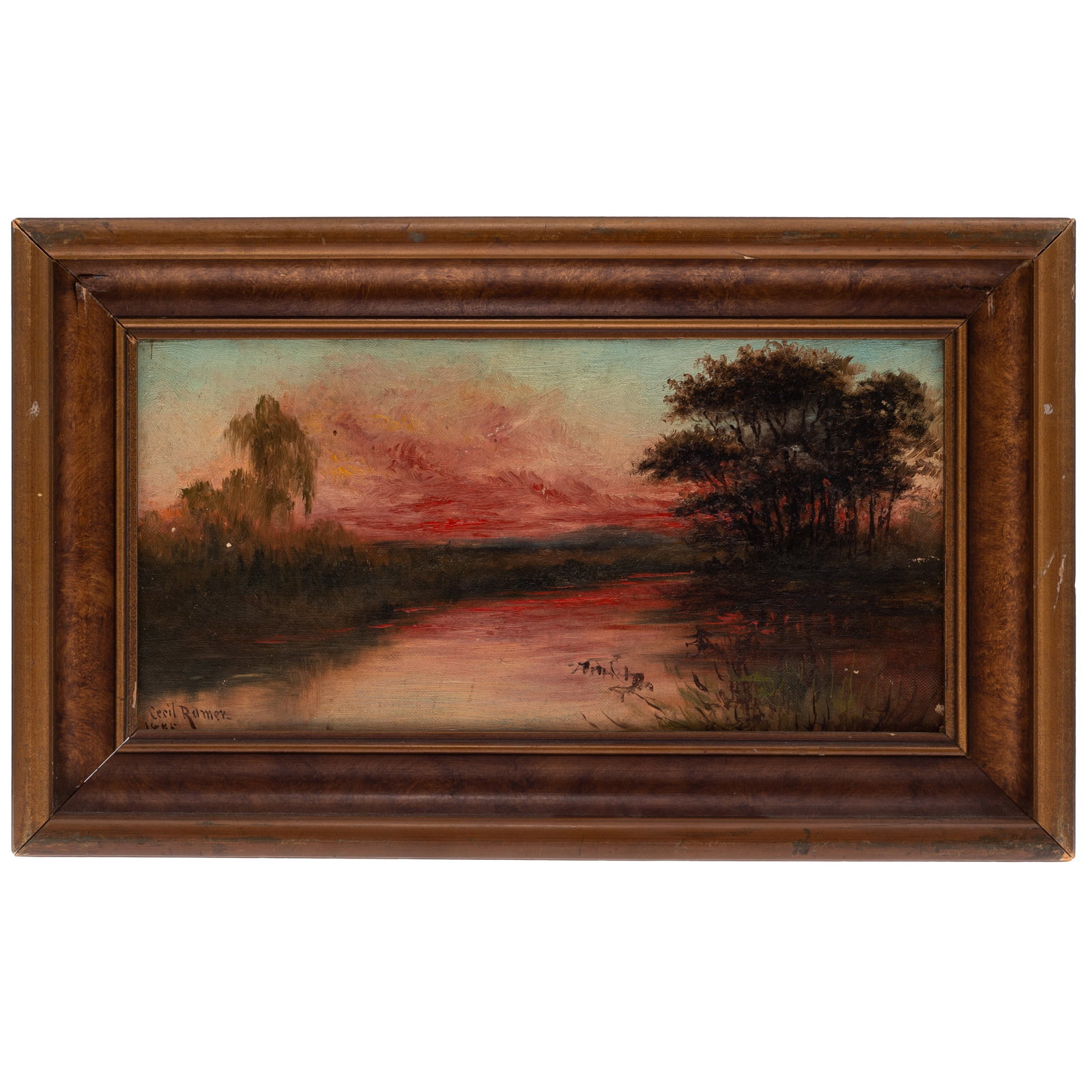 Cecil Romer (American, 1843-1905): Cecil Romer (American, 1843-1905) Sunset over Lake, 1885. Oil on canvas, signed / dated 1885 (lower left). 7 x 13 1/2in. (18 x 34cm). Framed: 11 x 18in. (28 x 46cm). Condition: Two small white paint s