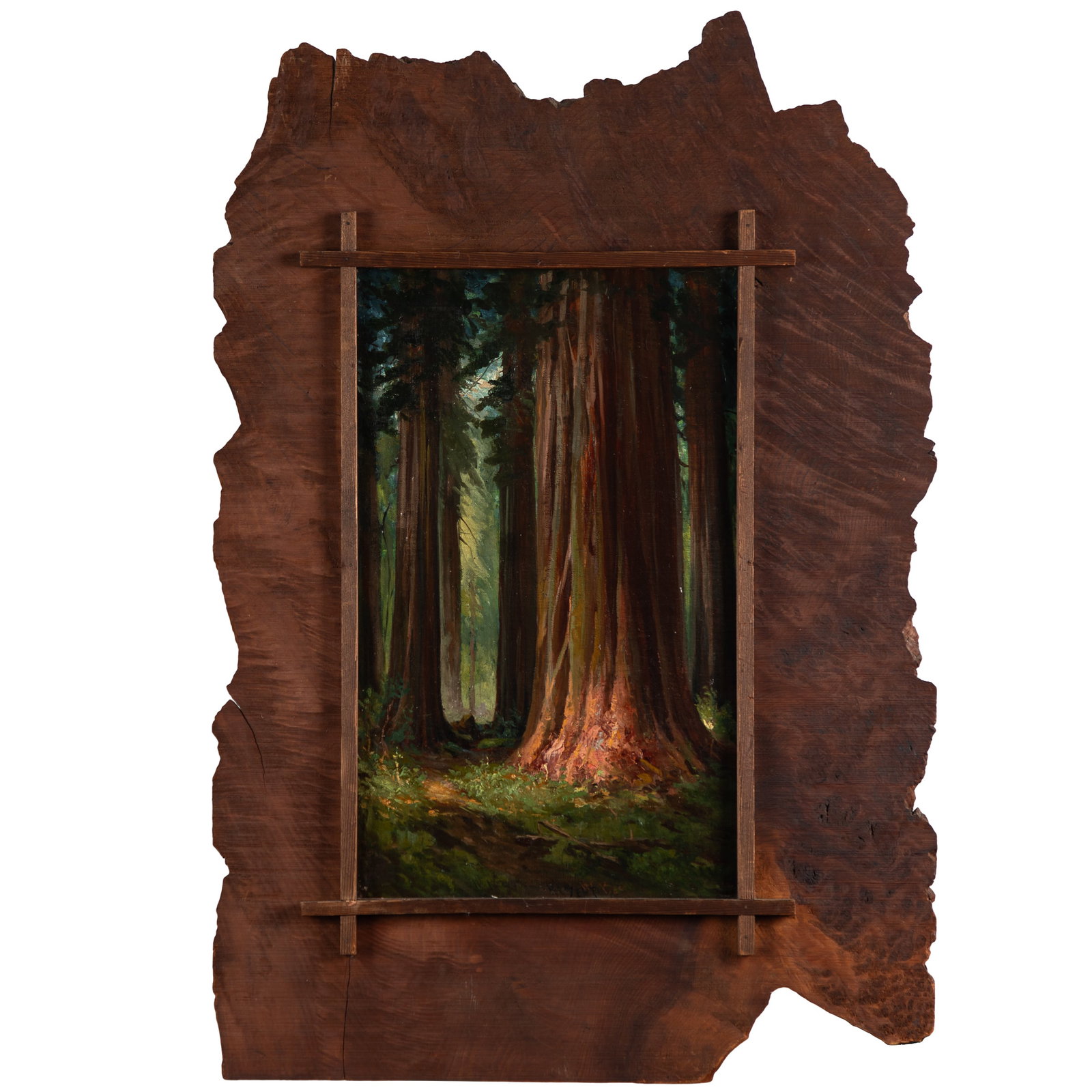 Harry Cassie Best (American, 1863-1936): Harry Cassie Best (American, 1863-1936) Redwood Forest. Oil on canvas laid on board, signed 'H C Best' (lower center). Affixed to a live edge, unfinished, redwood board. Sight: 19 3/4 x 11 3/4in. (50 