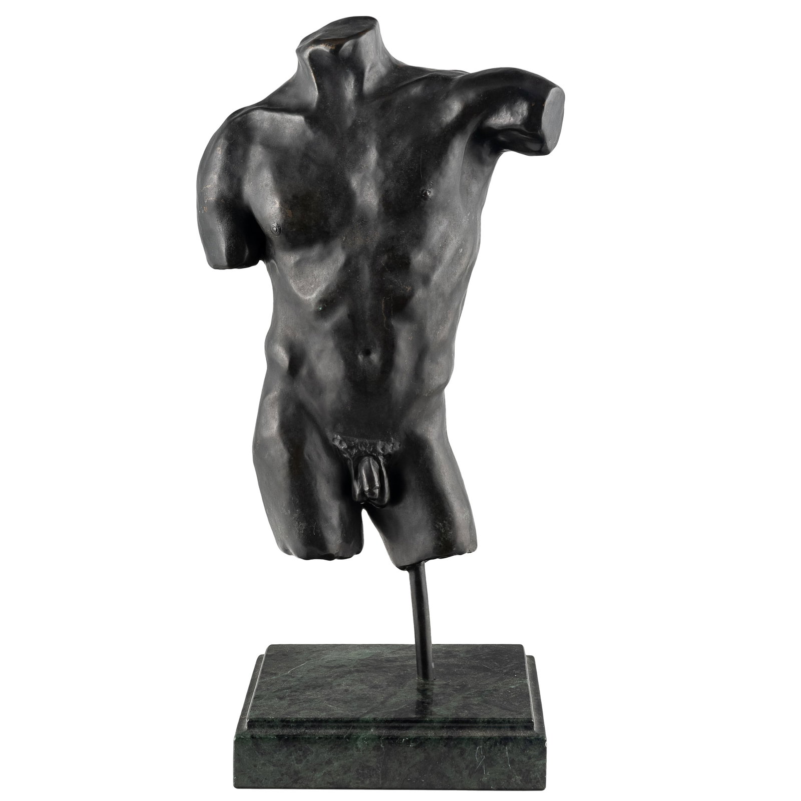 Patinated Bronze Male Nude Torso: Patinated Bronze Male Nude Torso Patinated bronze torso of a nude male, styled as a Classical Greek or Roman fragment mounted on a marble base. Incised indistinct signature lower left, and numbered 11