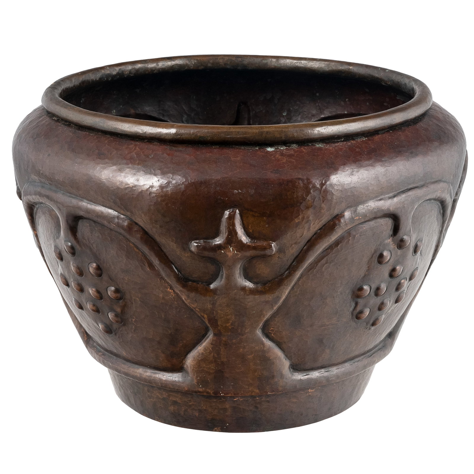 Stickley Brothers Hammered Copper Jardiniere: Stickley Brothers Hammered Copper Jardiniere Stickley Brothers, Grand Rapids, MI, large hammered copper jardiniere with grape vine motif. Stamped 211. Circa 1910. 10in x 14 1/2in. (25 1/2cm. x 37cm)