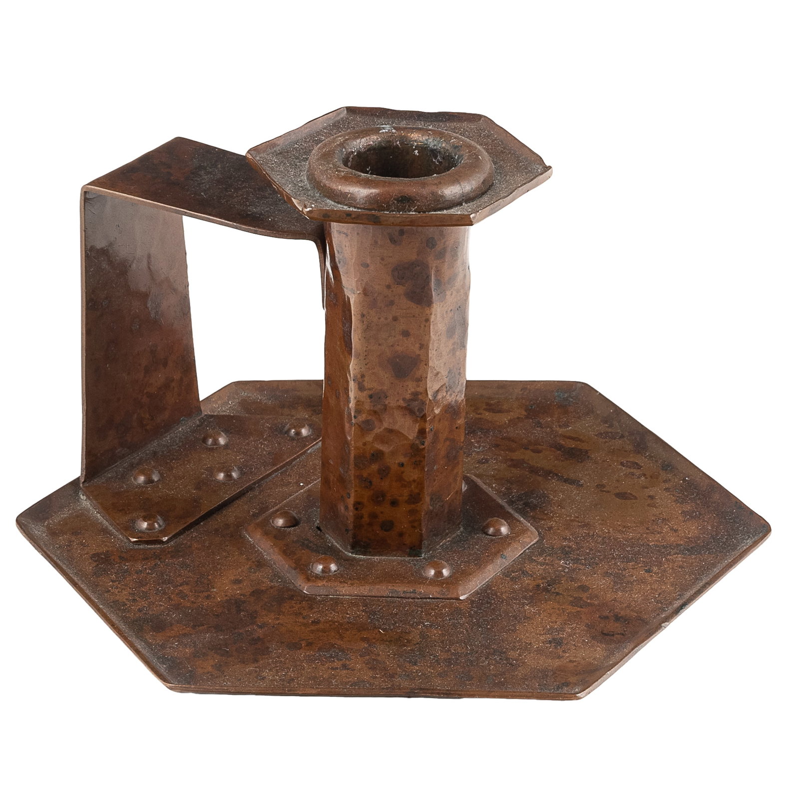 Dirk Van Erp Hammered Copper Candlestick: Dirk Van Erp Hammered Copper Candlestick Dirk van Erp (1860 - 1933) hammered copper six-sided candlestick with single handle. Impressed open-box windmill mark to base 'Dirk Van Erp.' USA c. 1913 -