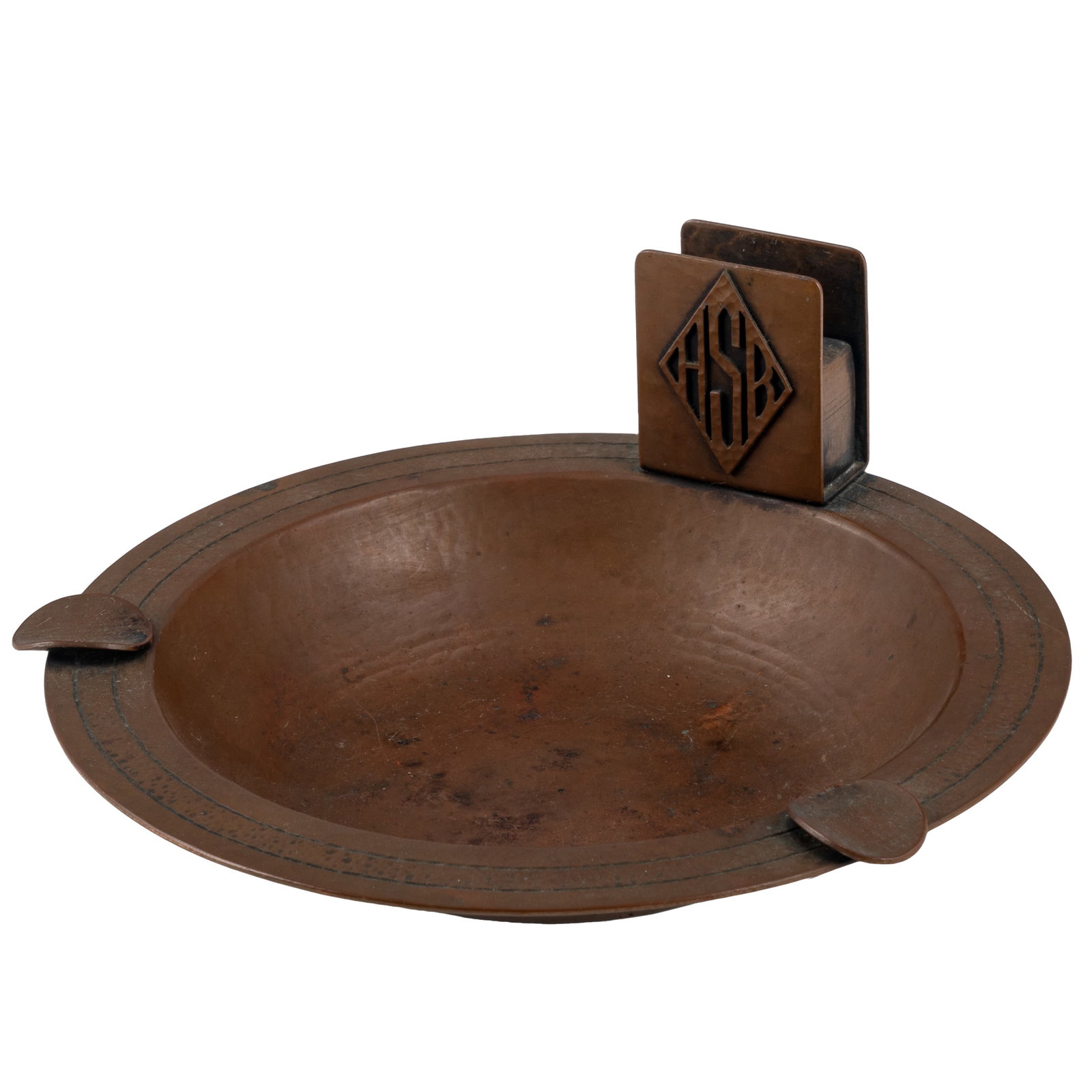 Dirk Van Erp Ashtray with Matchbook Holder: Dirk Van Erp Ashtray with Matchbook Holder Dirk Van Erp hammered copper ashtray with match holder. Match holder with applied monogram 'ASB.' Impressed open-box windmill mark to underside 'San Francisc