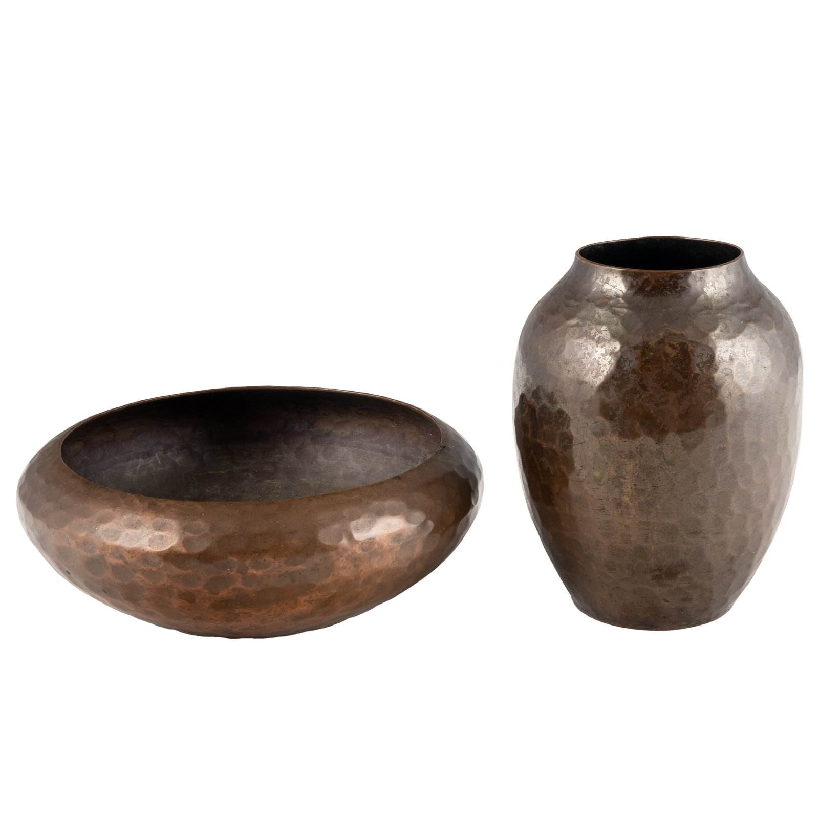 Armenac Hairenian Hammered Copper Bowl and Vase: Armenac Hairenian Hammered Copper Bowl and Vase Armenac (Armen) Hairenian (San Francisco, CA) small hammered copper bowl and vase. Bowl impressed with maker's mark 'Handmade' and 'A. Hairenian' to und