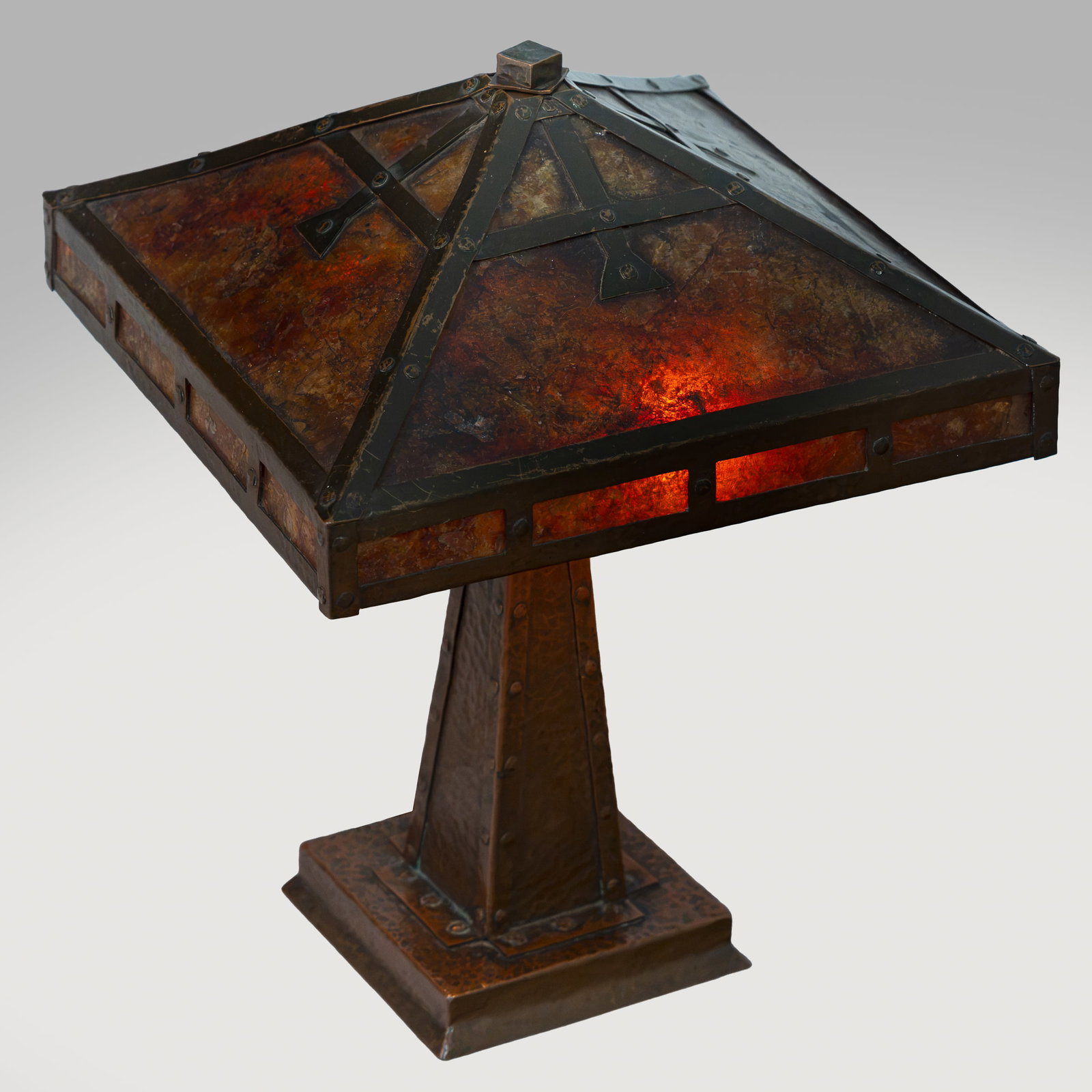 Attributed to Elizabeth Eleanor D'Arcy Gaw, Table Lamp: Attributed to Elizabeth Eleanor D'Arcy Gaw, Table Lamp Attributed to Elizabeth Eleanor D'Arcy Gaw, Hammered Copper and Mica double-socket boudoir lamp. Unsigned, circa 1910. 10 1/2in. x 8in (27cm. x