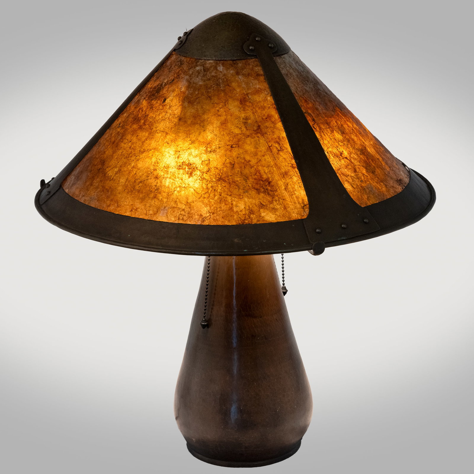 Dirk Van Erp Arts & Crafts Hammered Copper Table Lamp: Dirk Van Erp Arts & Crafts Hammered Copper Table Lamp Dirk Van Erp (1860 - 1933) hammered copper three socket 'Teardrop' lamp with mica shade. Impressed open-box windmill mark to underside 'Dirk Van E
