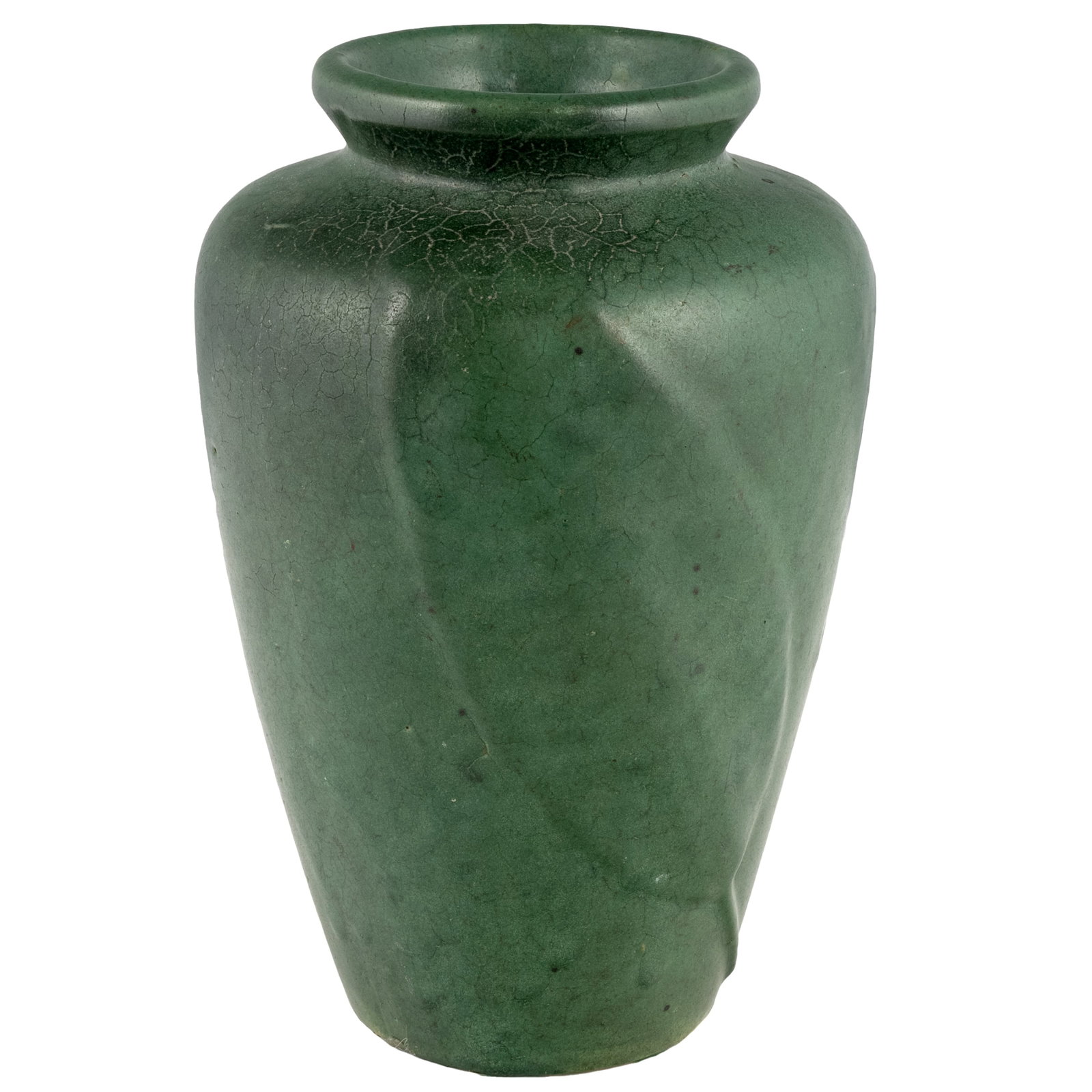 Zanesville Pottery Tobacco Leaf Vase: Zanesville Pottery Tobacco Leaf Vase Zanesville Pottery, Zanesville Ohio, Arts & Crafts tobacco leaf vase executed in a matte green glaze. Unmarked. Craquelure evident at shoulder near the top of the