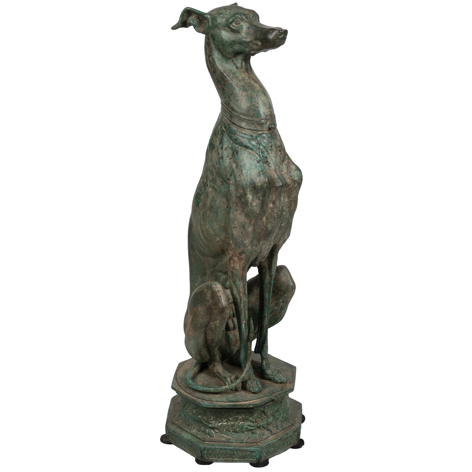 Patinated Cast Metal Figure of a Whippet: Patinated Cast Metal Figure of a Whippet Verdigris patinated cast metal figure of a whippet on a decorative base. Unsigned, 20th Century. 34in. x 11in x 11in (86 1/4cm. x 28cm x 28cm)