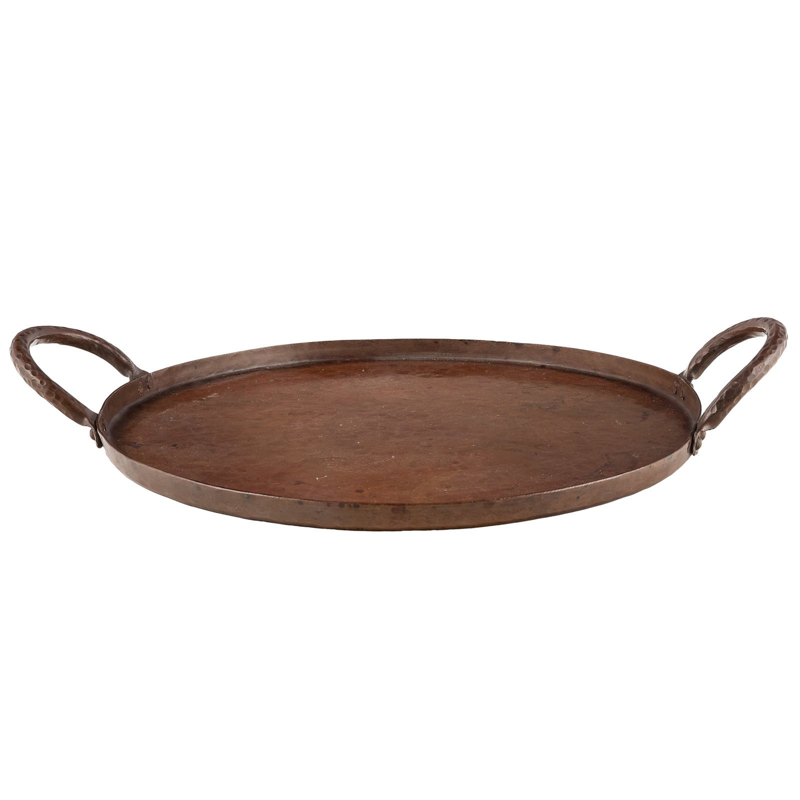 Dirk Van Erp Hammered Copper Handled Tray: Dirk Van Erp Hammered Copper Handled Tray Dirk van Erp (1860 - 1933) hammered copper two handled circular tray. Impressed closed-box windmill mark to underside 'Dirk Van Erp' with a ghost of D'Arcy Ga